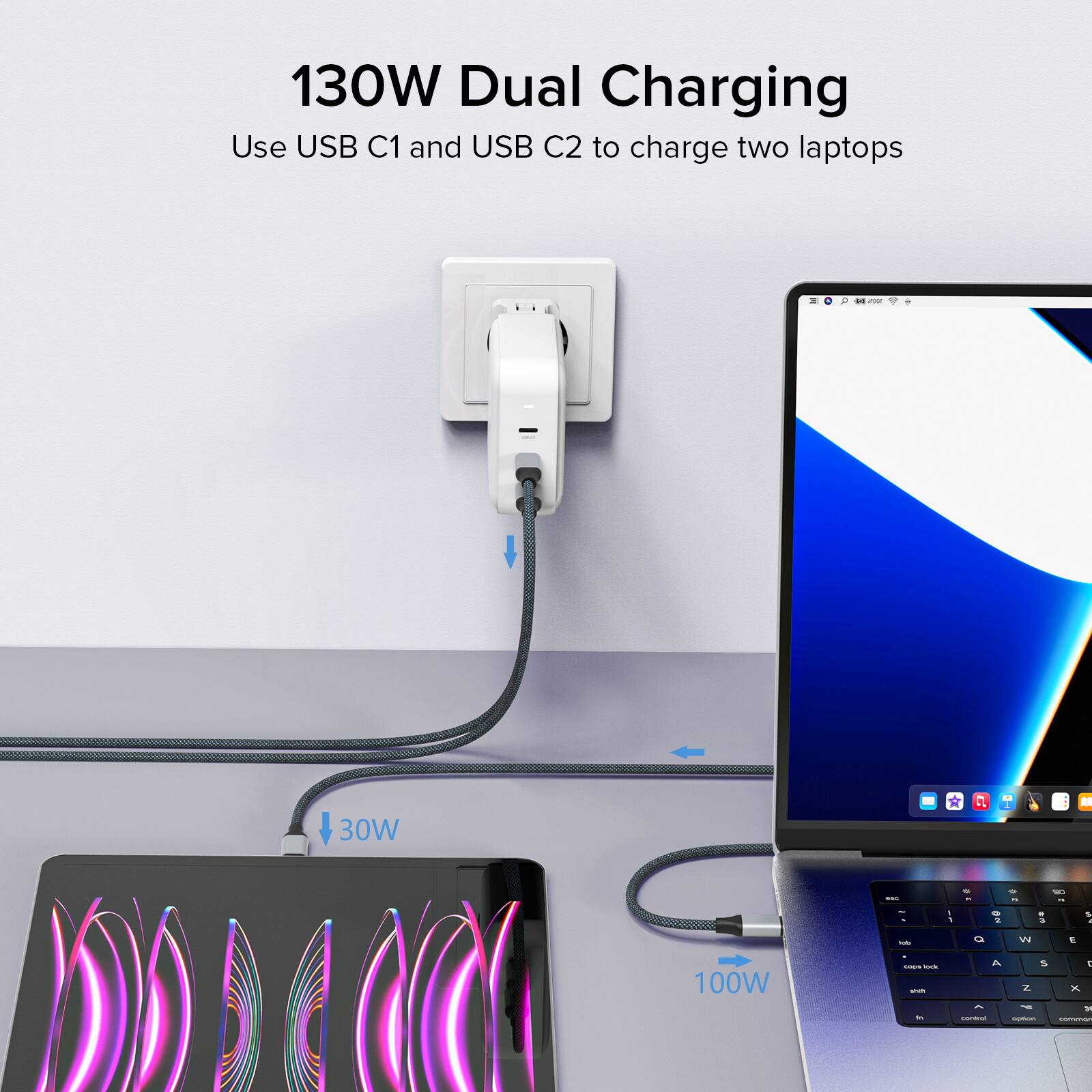 130W Dual Charging  
Use USB C1 and USB C2 to charge two laptops  
30W  
100W