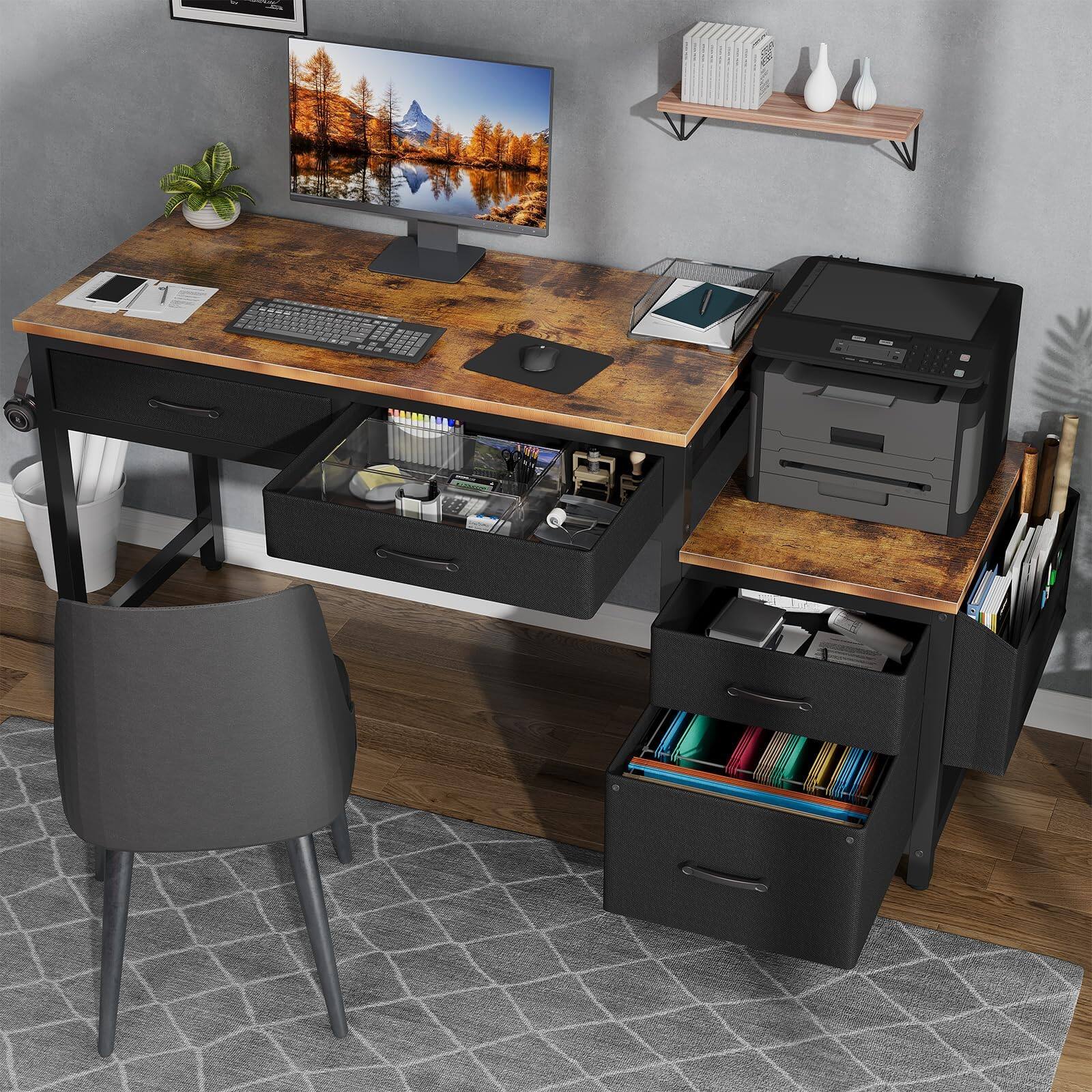 Left. Fabibe - Computer Desk With Fabric File Drawers Cabinet 57 Inch Home Office Desks Filing Printer Stand For Small Space Office Des - Brown Black 57.1".