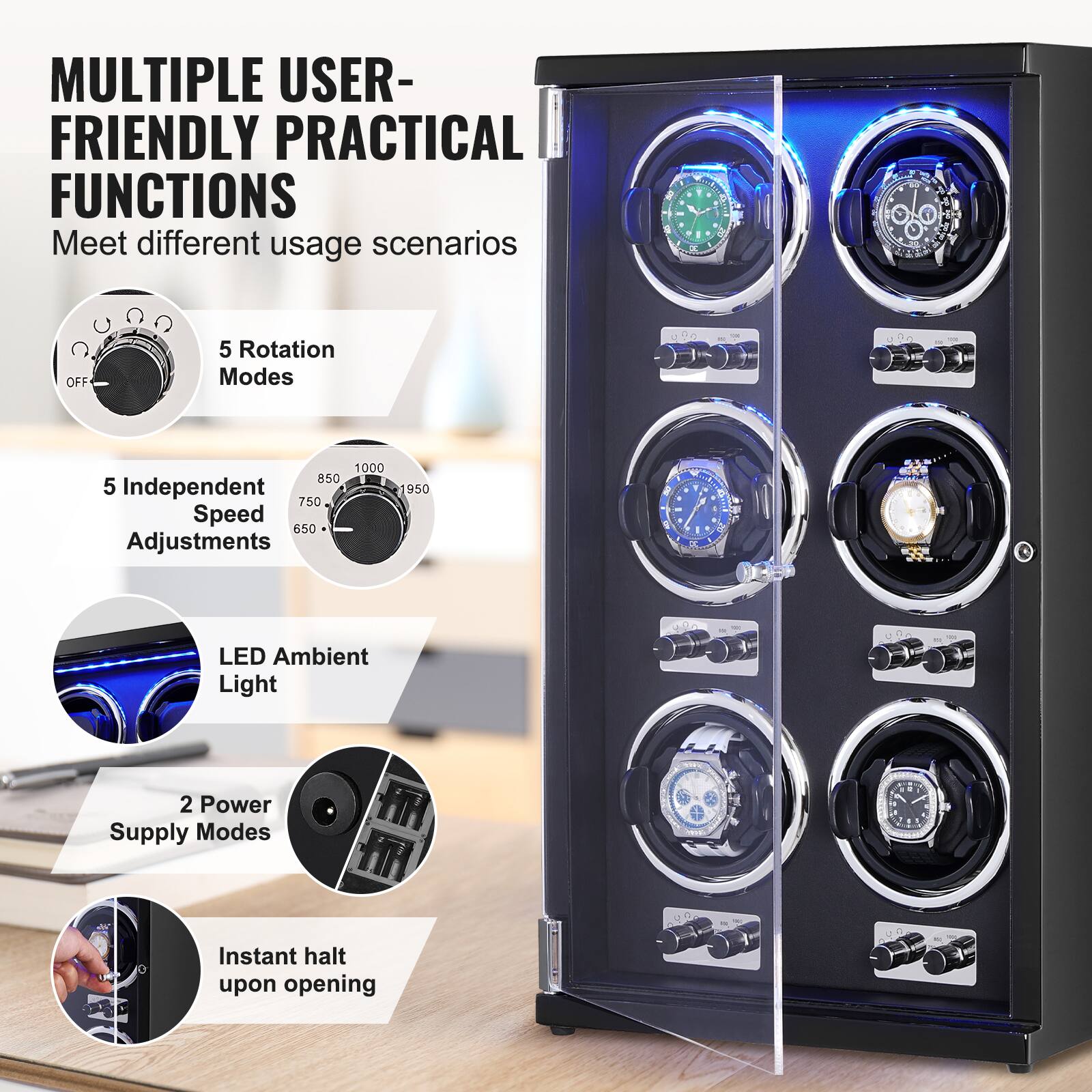 MULTIPLE USER-FRIENDLY PRACTICAL FUNCTIONS  
Meet different usage scenarios

- 5 Rotation Modes
- 5 Independent Speed Adjustments
- LED Ambient Light
- 2 Power Supply Modes
- Instant halt upon opening