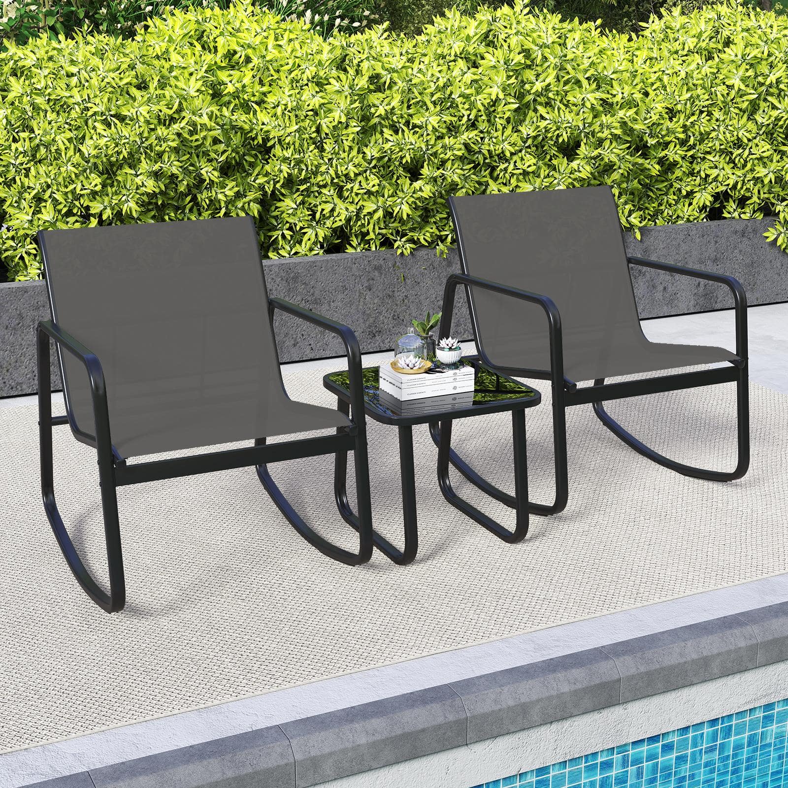 Costway - 3 Piece Patio Rocking Set 2 Rocking Bistro Chairs & Glass-Top Table for Porch - Black & Gray