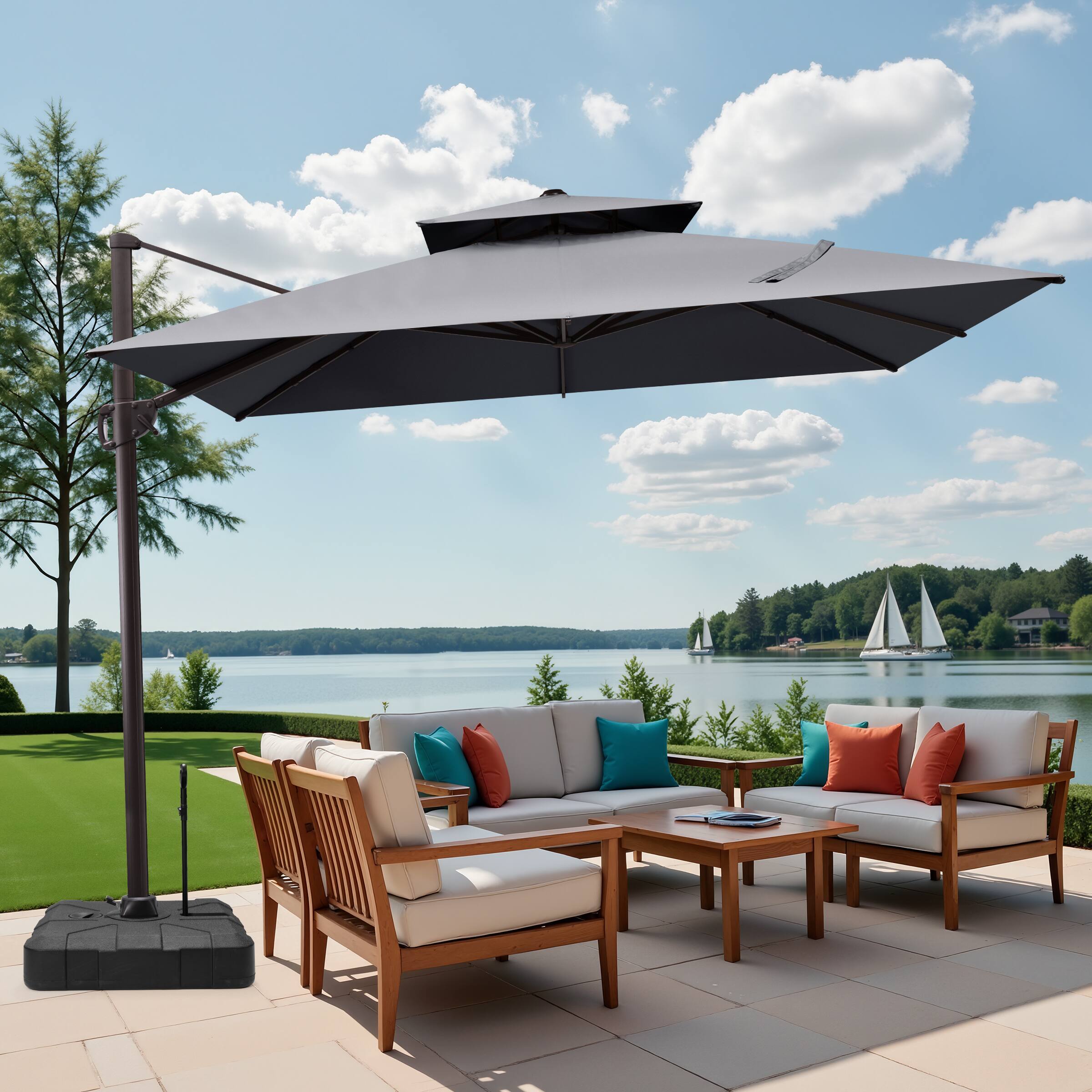 Alt View 2. Crestlive Products - Crestlive Products 11x11ft Aluminum Double Top Crank Cantilever Patio Umbrella with Base - Dark gray.