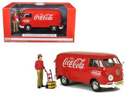 Motorcity Classics - 1963 Volkswagen Type 2 (T1) Coca-Cola Cargo Van with Delivery Driver Figurine with Handcart and Two Bottle Cases 1/24 - Red