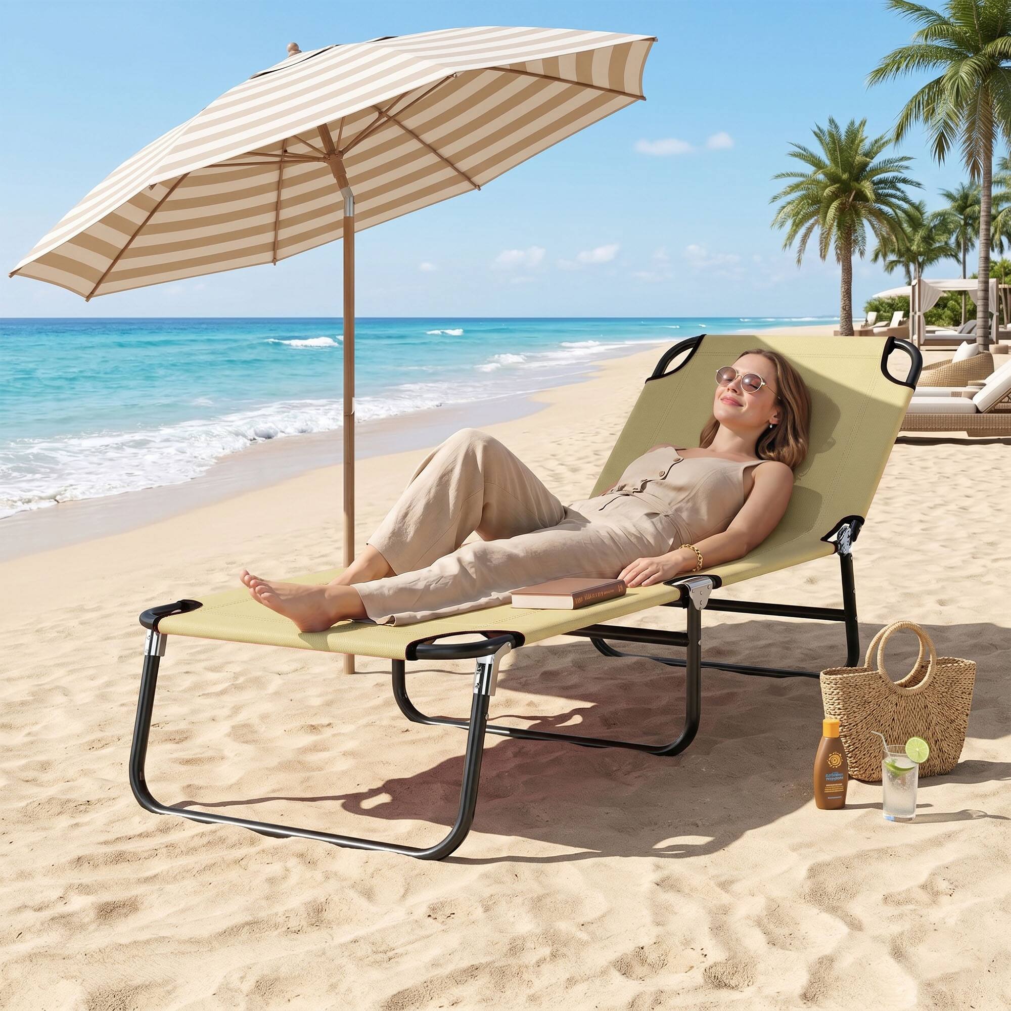 Alt View 8. Outsunny - Foldable Reclining Pool & Beach Chair, Oxford - Beige.