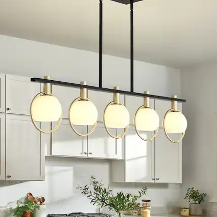Front. RYHNUYNE - 5-Light Dining Room Light Fixture,Gold Kitchen Island Lighting with Milk Glass Shade, Linear Chandeliers for Kitchen Din - Black.