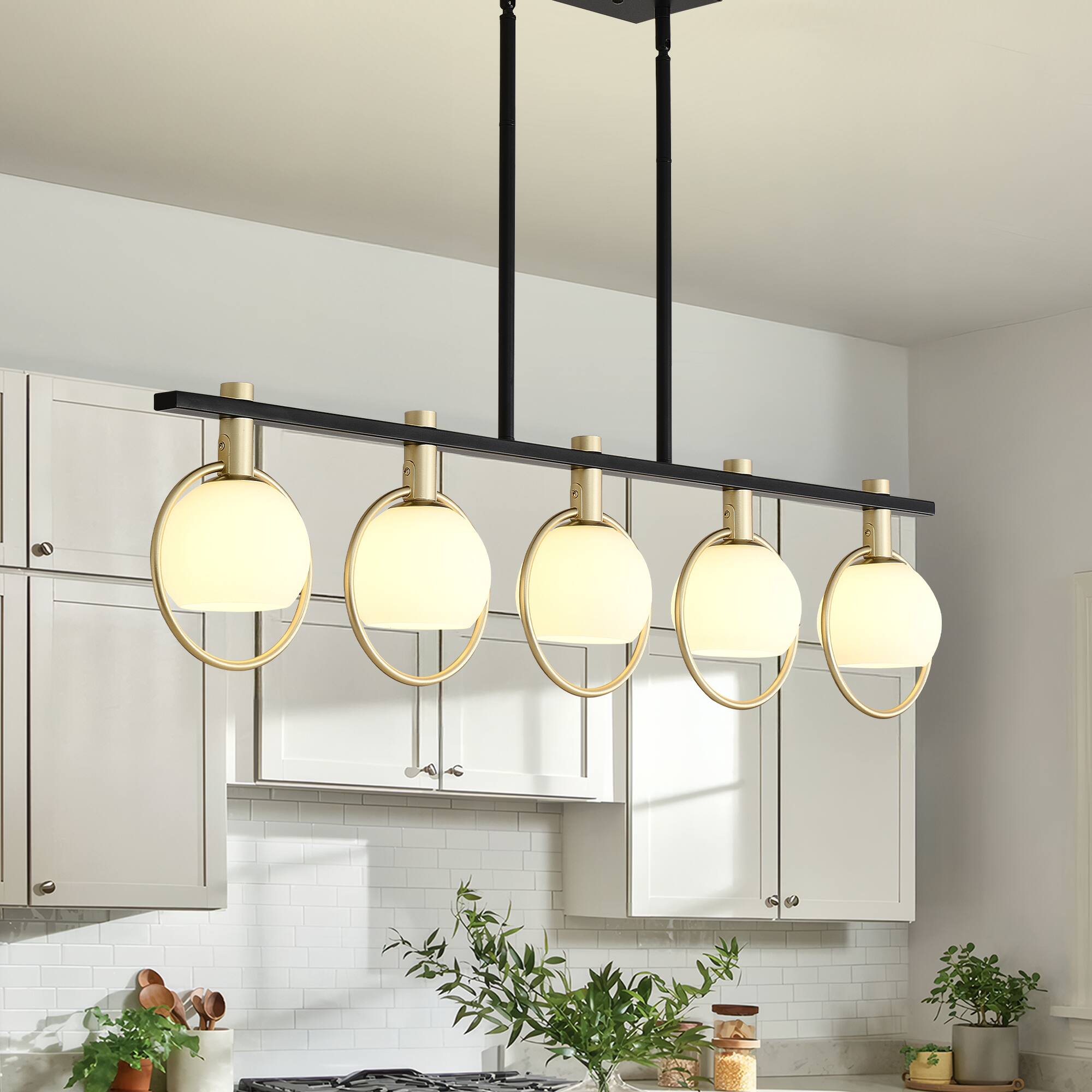 Front. RYHNUYNE - 5-Light Dining Room Light Fixture,Gold Kitchen Island Lighting with Milk Glass Shade, Linear Chandeliers for Kitchen Din - Black.
