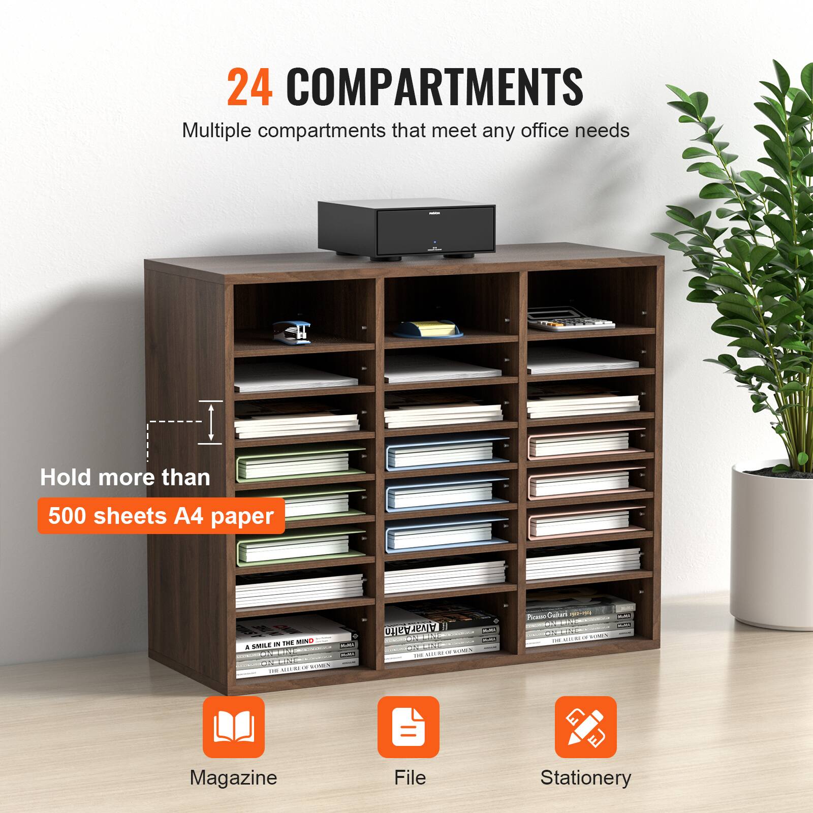 24 COMPARTMENTS  
Multiple compartments that meet any office needs  

Hold more than 500 sheets A4 paper  

Magazine  
File  
Stationery