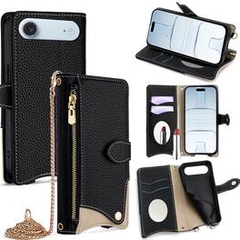 Dteck - Crossbody Wallet Case for Apple iPhone Air, Elegant Zipper PU Leather Folio Stand Protective Cover, Built-in Mini Mirror - Black