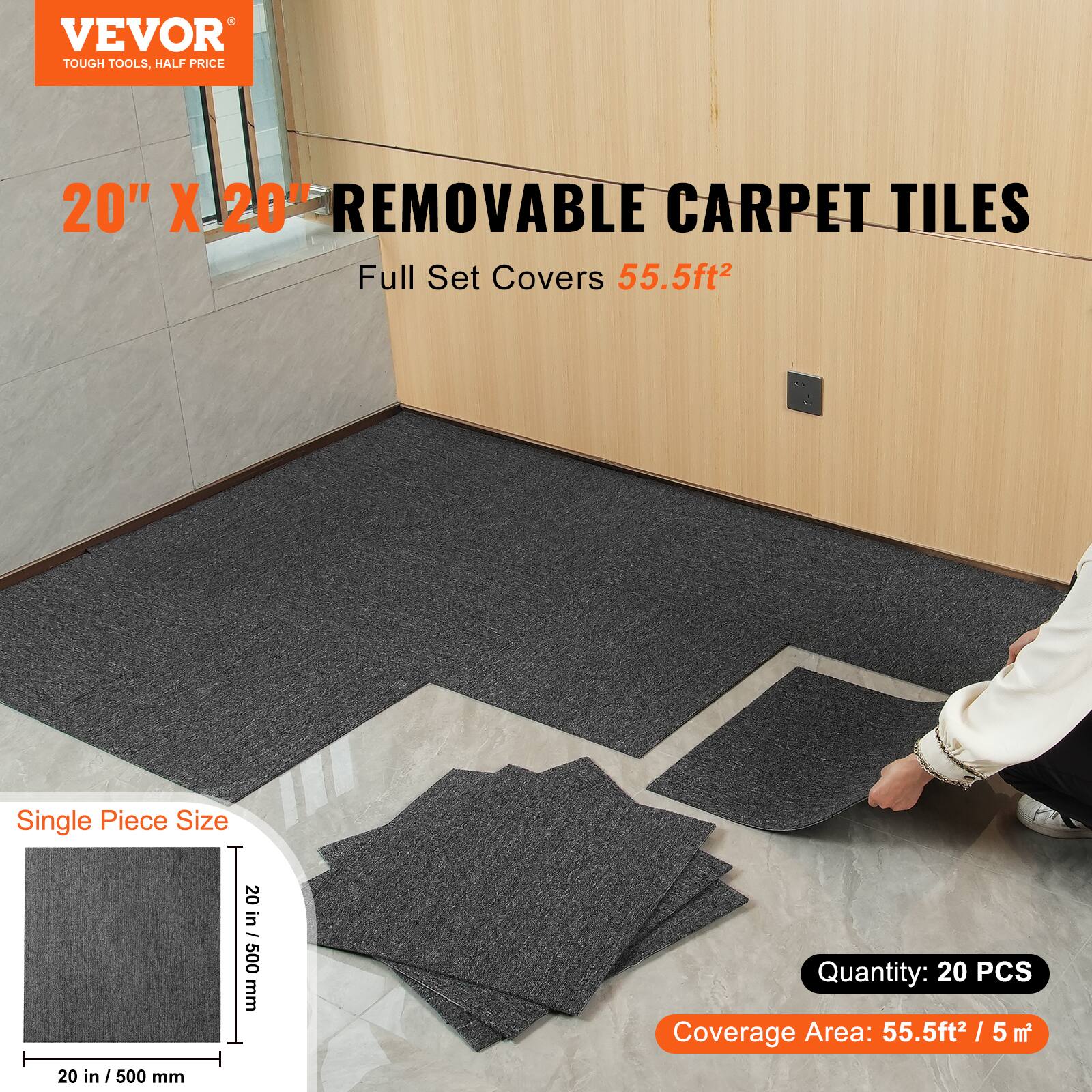 VEVOR  
TOUGH TOOLS, HALF PRICE  

20" X 20" REMOVABLE CARPET TILES  
Full Set Covers 55.5ft²  

Single Piece Size: 20 in / 500 mm  
Quantity: 20 PCS  
Coverage Area: 55.5ft² / 5 m²
