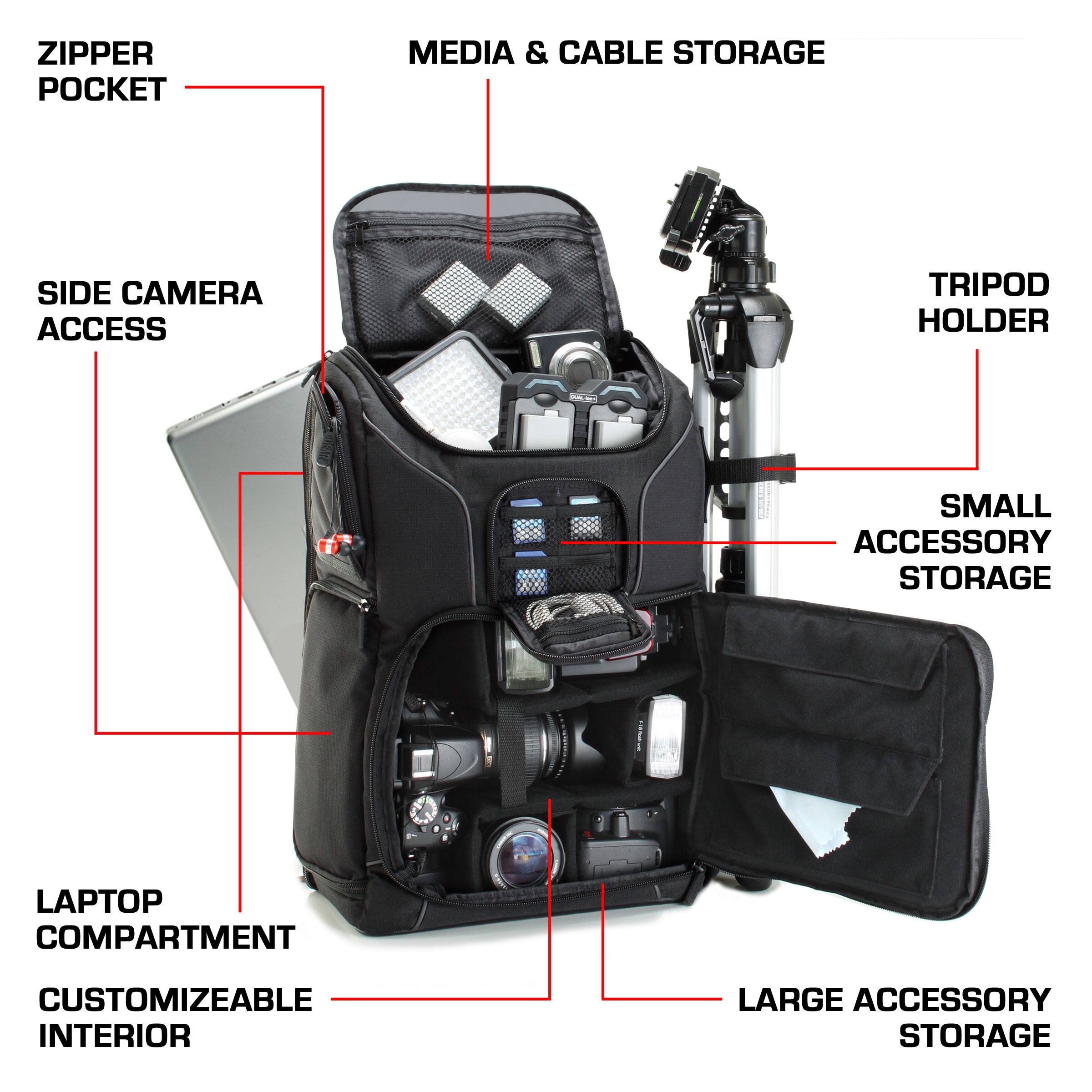 ZIPPER POCKET  
MEDIA & CABLE STORAGE  
SIDE CAMERA ACCESS  
TRIPOD HOLDER  
SMALL ACCESSORY STORAGE  
LAPTOP COMPARTMENT  
CUSTOMIZEABLE INTERIOR  
LARGE ACCESSORY STORAGE
