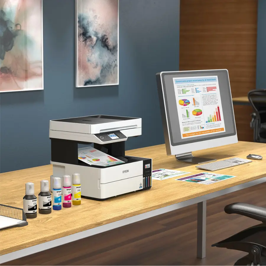 The image features a wooden desk with a printer and a computer monitor on it. The printer is an Epson TPP 8000, and it is accompanied by several bottles of ink. The computer monitor is positioned in front of the printer, and there is a chair nearby. The desk is also equipped with a keyboard and a mouse, making it a functional workspace.