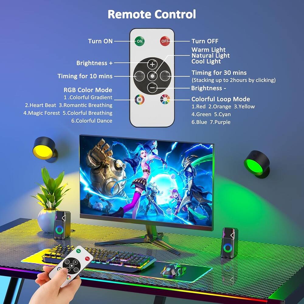 Remote Control

- Turn ON
- Brightness +
- Timing for 10 mins
- RGB Color Mode
  1. Colorful Gradient
  2. Heart Beat
  3. Romantic Breathing
  4. Magic Forest
  5. Colorful Breathing
  6. Colorful Dance

- Turn OFF
- Warm Light
- Natural Light
- Cool Light
- Timing for 30 mins (Stacking up to 2 hours by clicking)
- Brightness -
- Colorful Loop Mode
  1. Red
  2. Orange
  3. Yellow
  4. Green
  5. Cyan
  6. Blue
  7. Purple