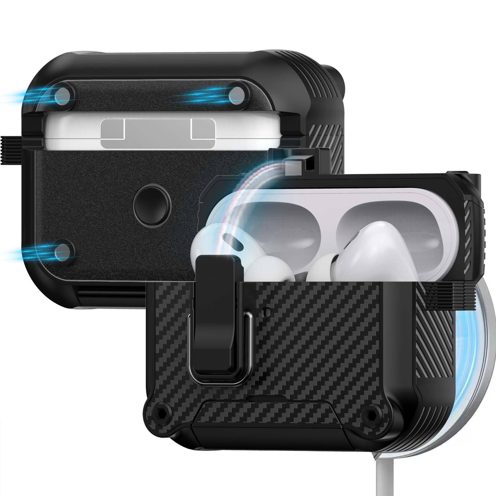 Angle. Dteck - Rugged Case for Airpods Pro 3rd Gen (2025) Heavy Duty Drop Protective Magnetic Lock Cover With Keychain + Clean Kit Pen - Armygreen.