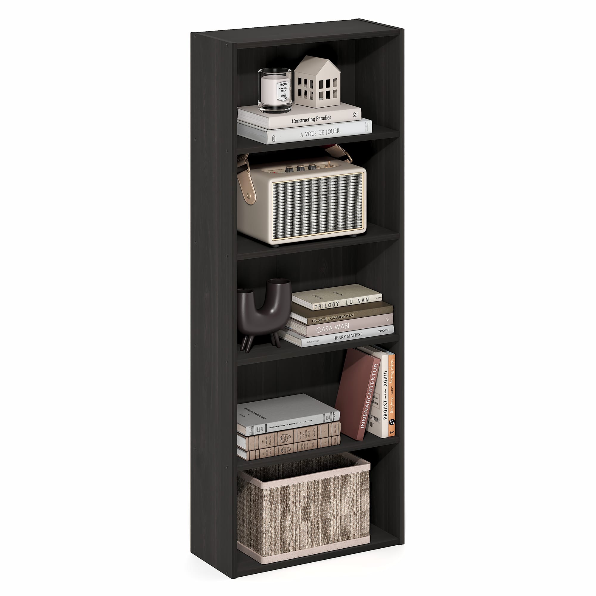 Furinno - Basic 5-Tier Open Shelf Bookcase, Bookshelf, Storage Organizer, 7 x 17 x 44 - Espresso