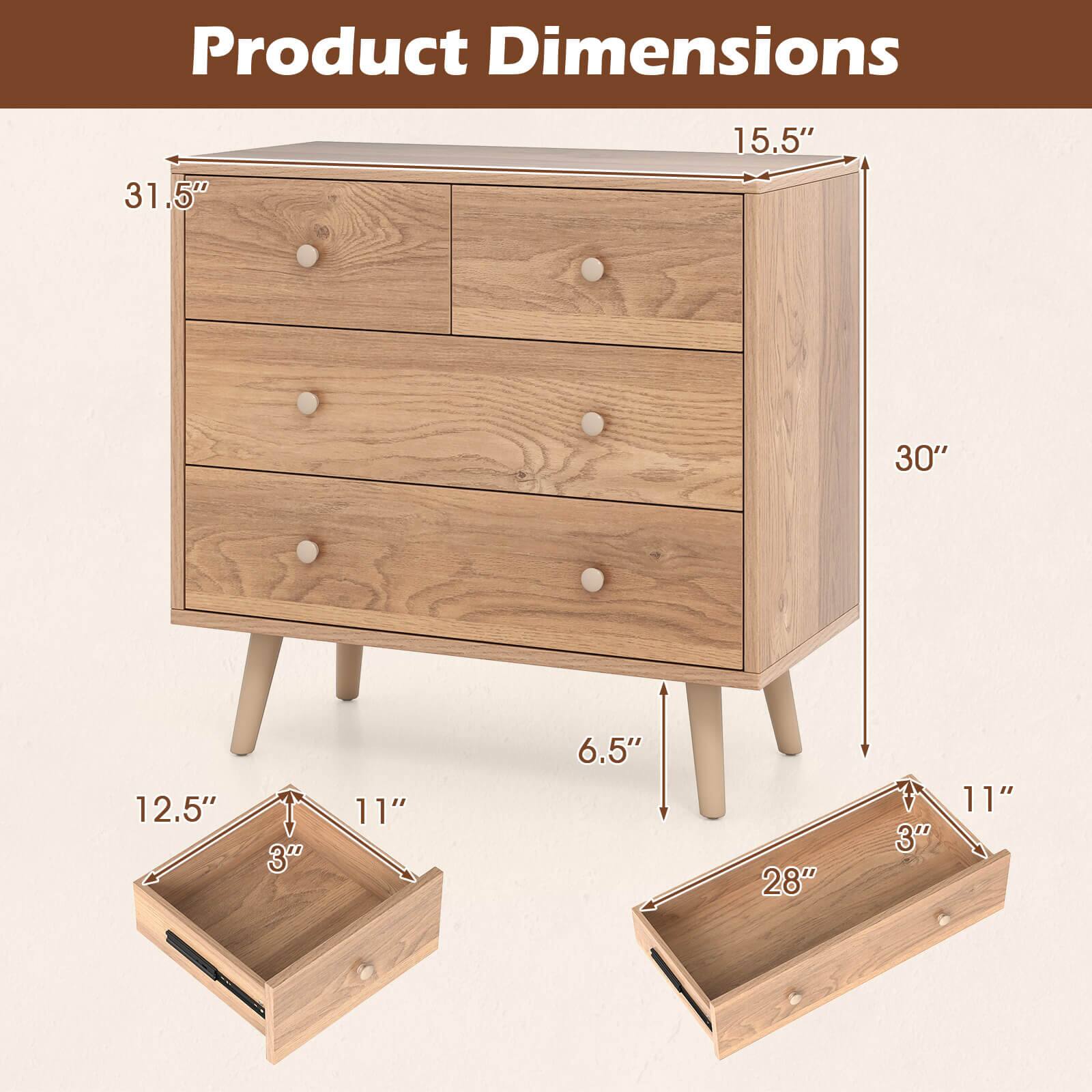 Product Dimensions

- Width: 31.5"
- Depth: 15.5"
- Height: 30"
- Drawer 1: 12.5" (width) x 11" (depth) x 3" (height)
- Drawer 2: 28" (width) x 11" (depth) x 3" (height)
- Leg Height: 6.5"
