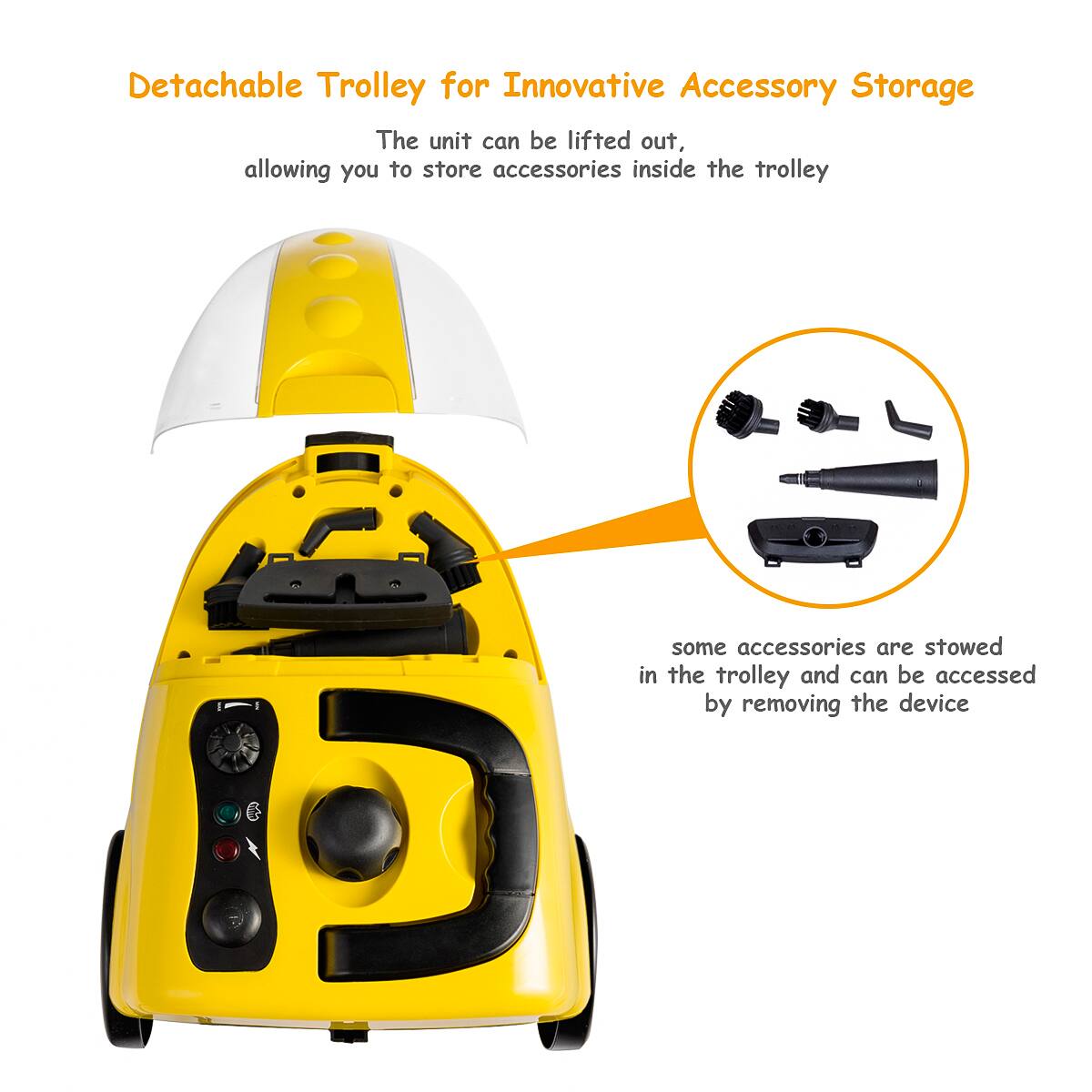 Detachable Trolley for Innovative Accessory Storage

The unit can be lifted out, allowing you to store accessories inside the trolley

some accessories are stowed in the trolley and can be accessed by removing the device