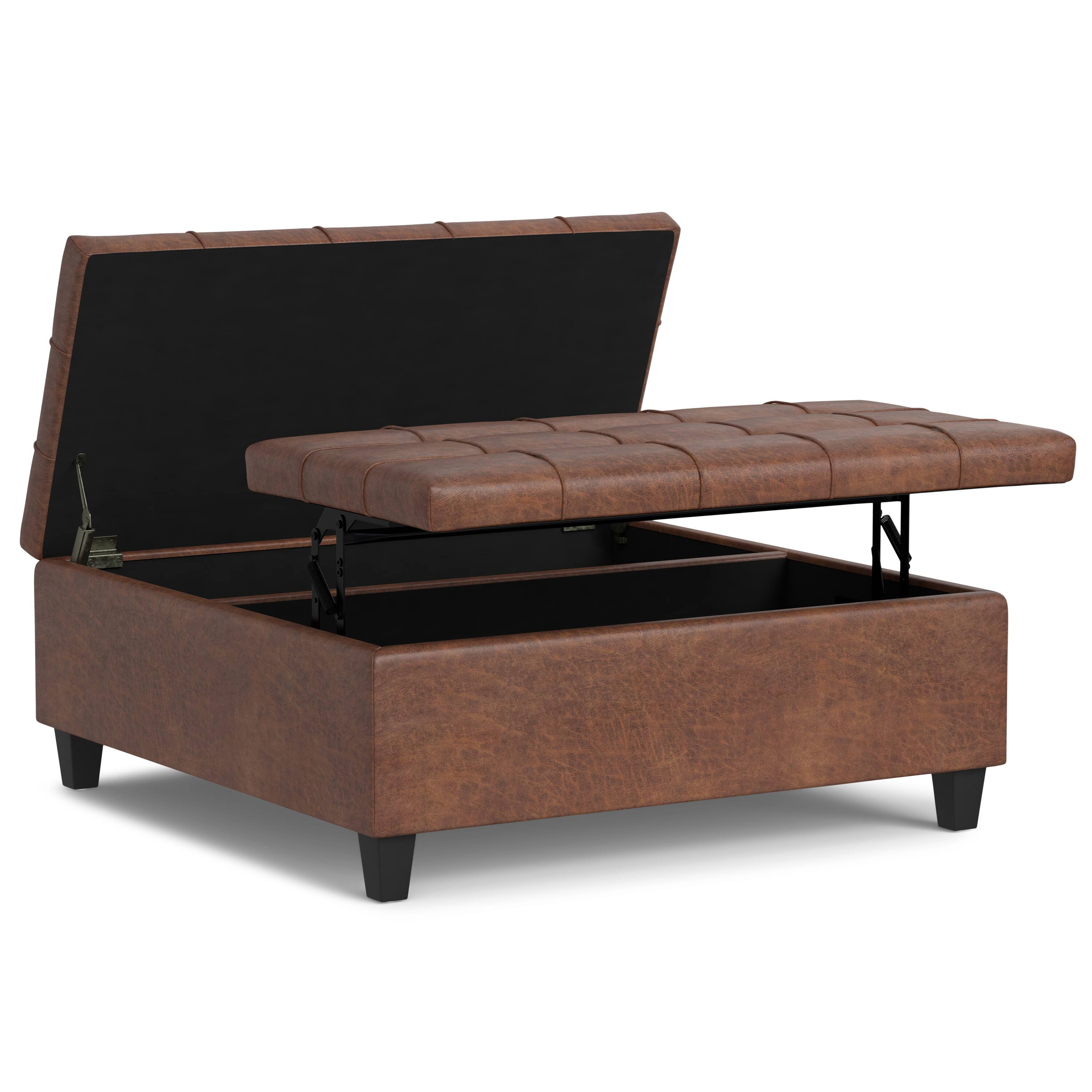 Alt View 11. Simpli Home - Harrison Large Square Coffee Table Storage Ottoman - Distressed Saddle Brown.