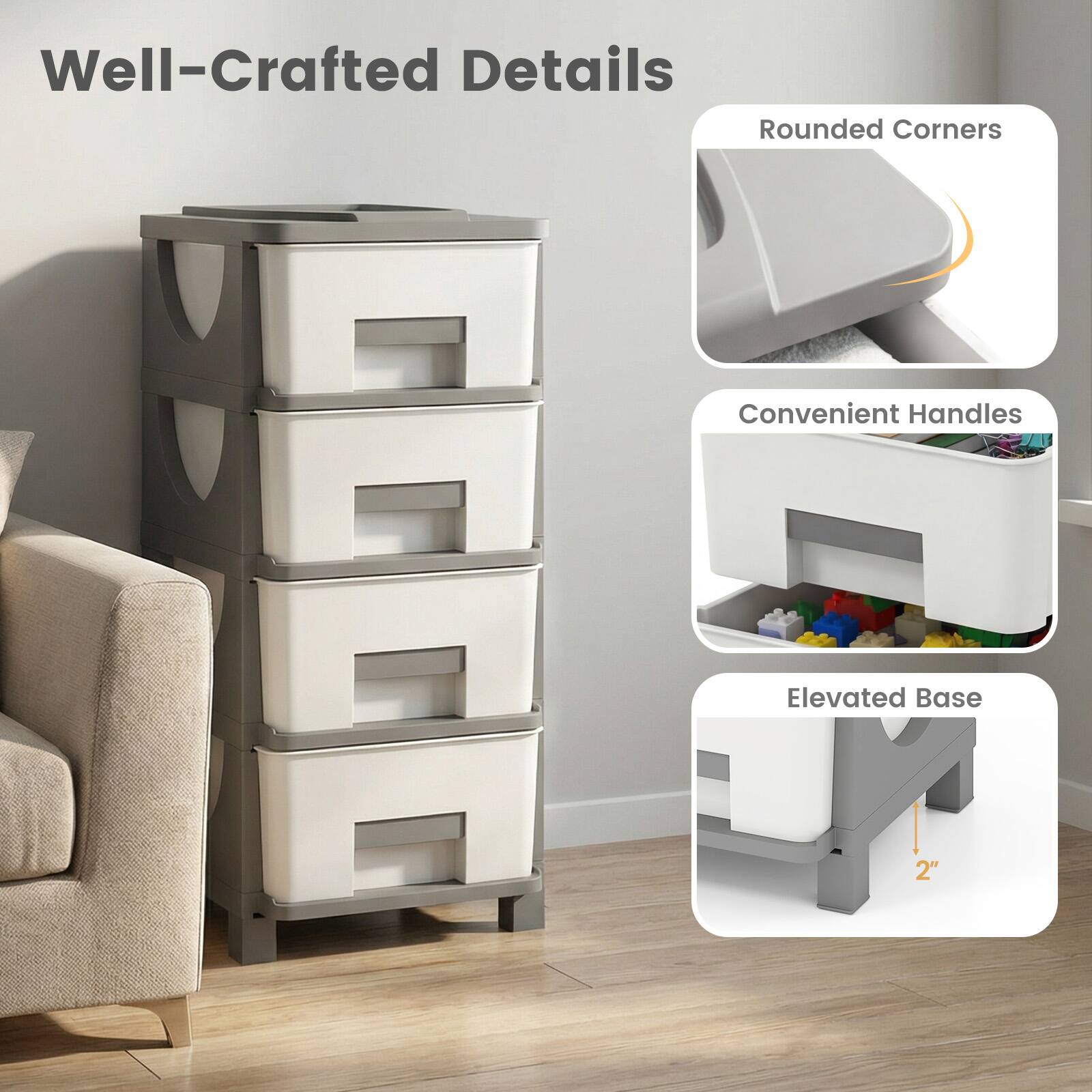 Well-Crafted Details  
- Rounded Corners  
- Convenient Handles  
- Elevated Base 2"