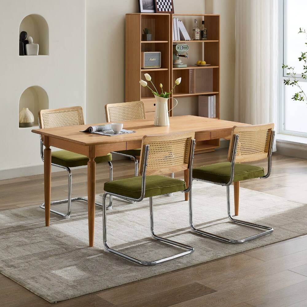 Alt View 10. Loheer - Loheer Mid-Century Dining Chairs Set of 2, Olive Green Velvet Rattan Back Chairs with Chrome Base - Olive-Green.