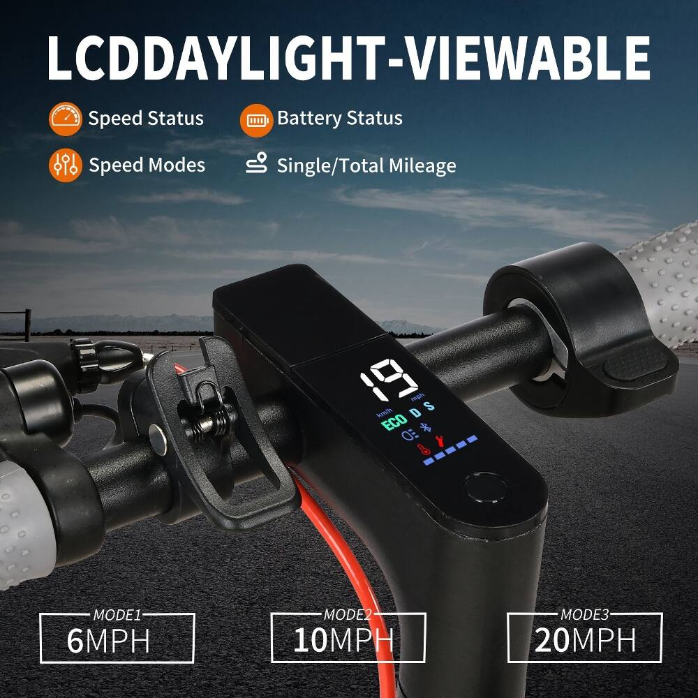 LCD DAYLIGHT-VIEWABLE

Speed Status
Battery Status
Speed Modes
Single/Total Mileage

19 km/h
D
S
ECO

MODE1 6MPH
MODE2 10MPH
MODE3 20MPH