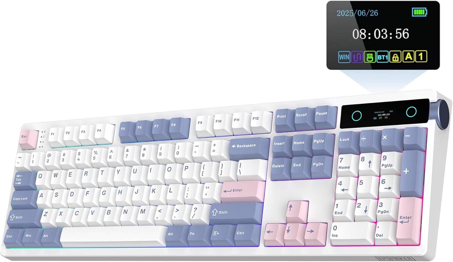EPOMAKER - TH108 PRO Full Size Gasket Wireless Mechanical Keyboard with Screen & Knob (Sea Salt Silent Switch) - White Blue