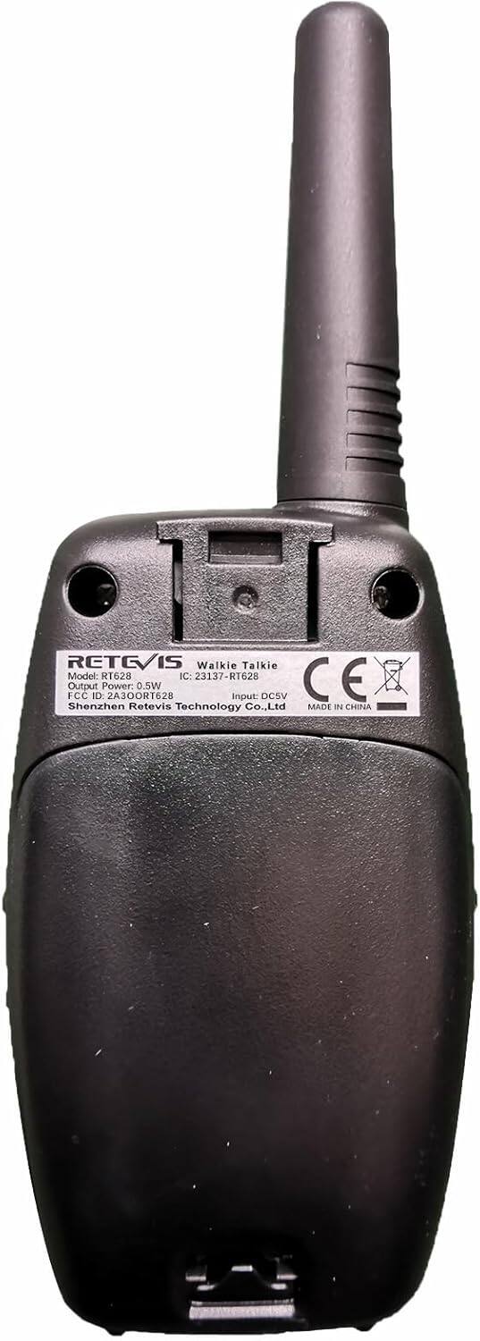 Retevis Walkie Talkie  
Model: RT628  
IC: 23137-RT628  
CE Output Power: 0.5W  
FCC ID: 2A3OORT628  
Input: DC5V  
Shenzhen Retevis Technology Co., Ltd  
MADE IN CHINA