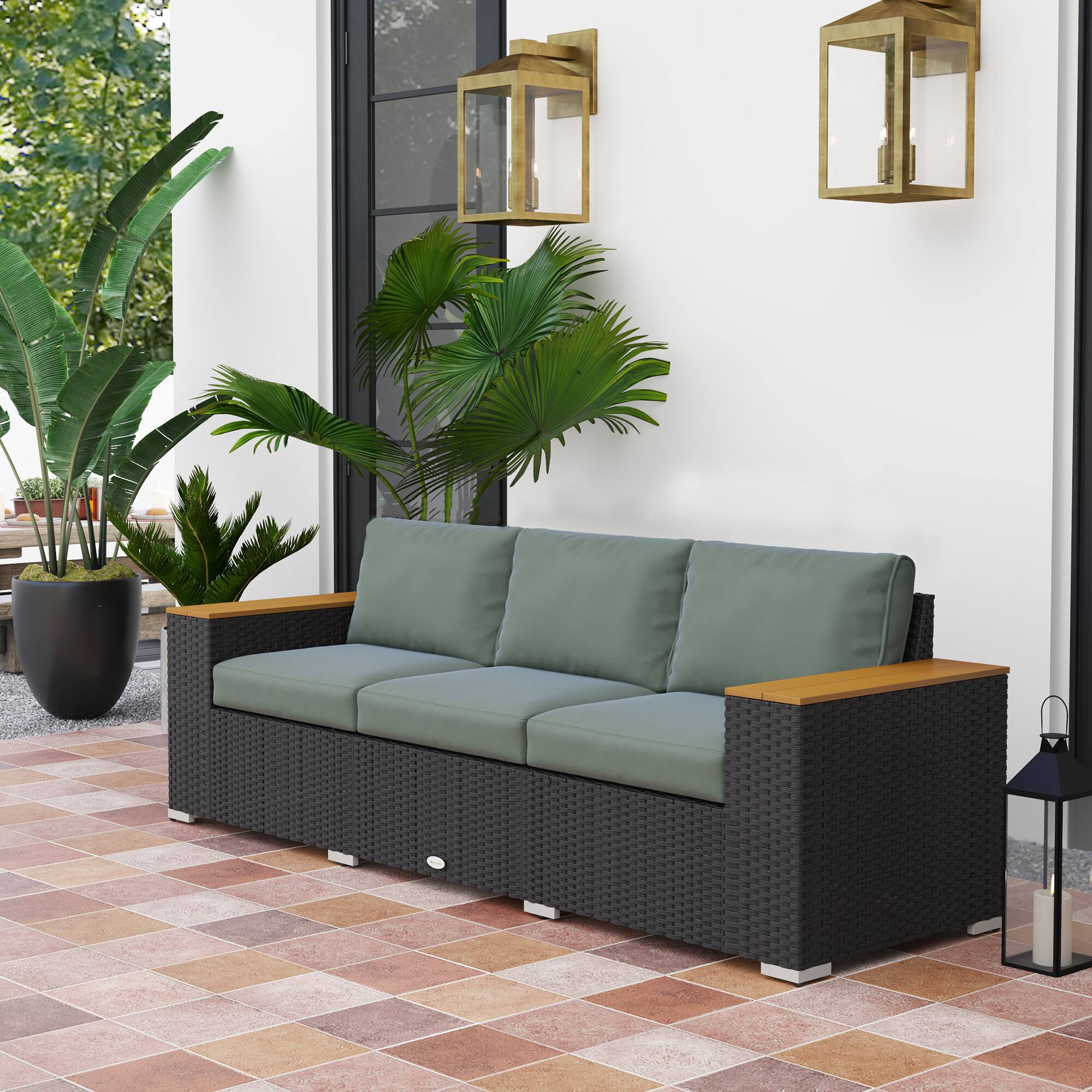 Alt View 1. Outsunny - Outdoor Patio Sofa, PE Wicker Outdoor Couch with Extra Wide Deep Seat, Wide Armrests 4" Cushions - Dark Gray.