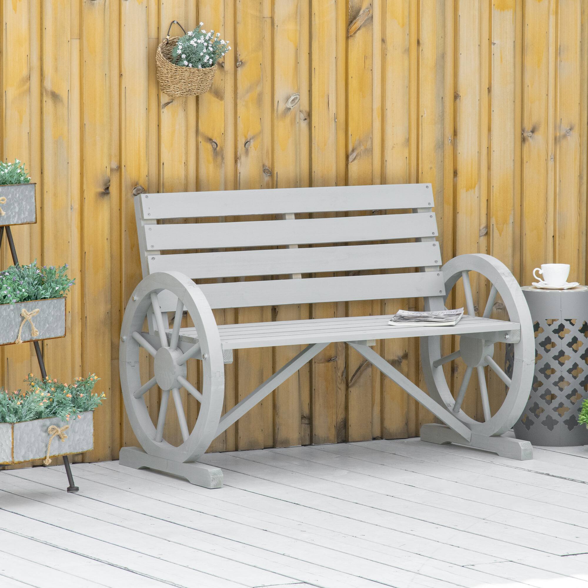 Alt View 1. Outsunny - 41" Wooden Wagon Wheel Bench, Rustic Outdoor Patio Weather Resistance Furniture, 2-Seat Bench with Backrest - Charcoal Grey.