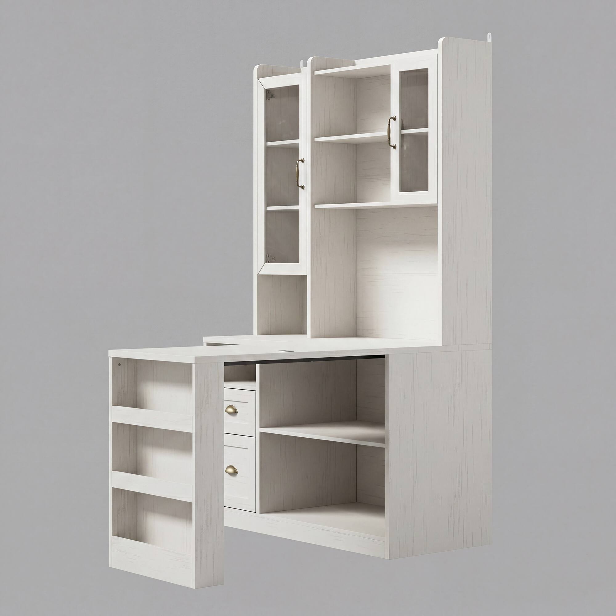 Alt View 7. Famapy - Study Desk with Tall Storage Cabinet – White Vintage Student Writing Table with Drawers & Bookshelf for Bedroom, Dorm - White.