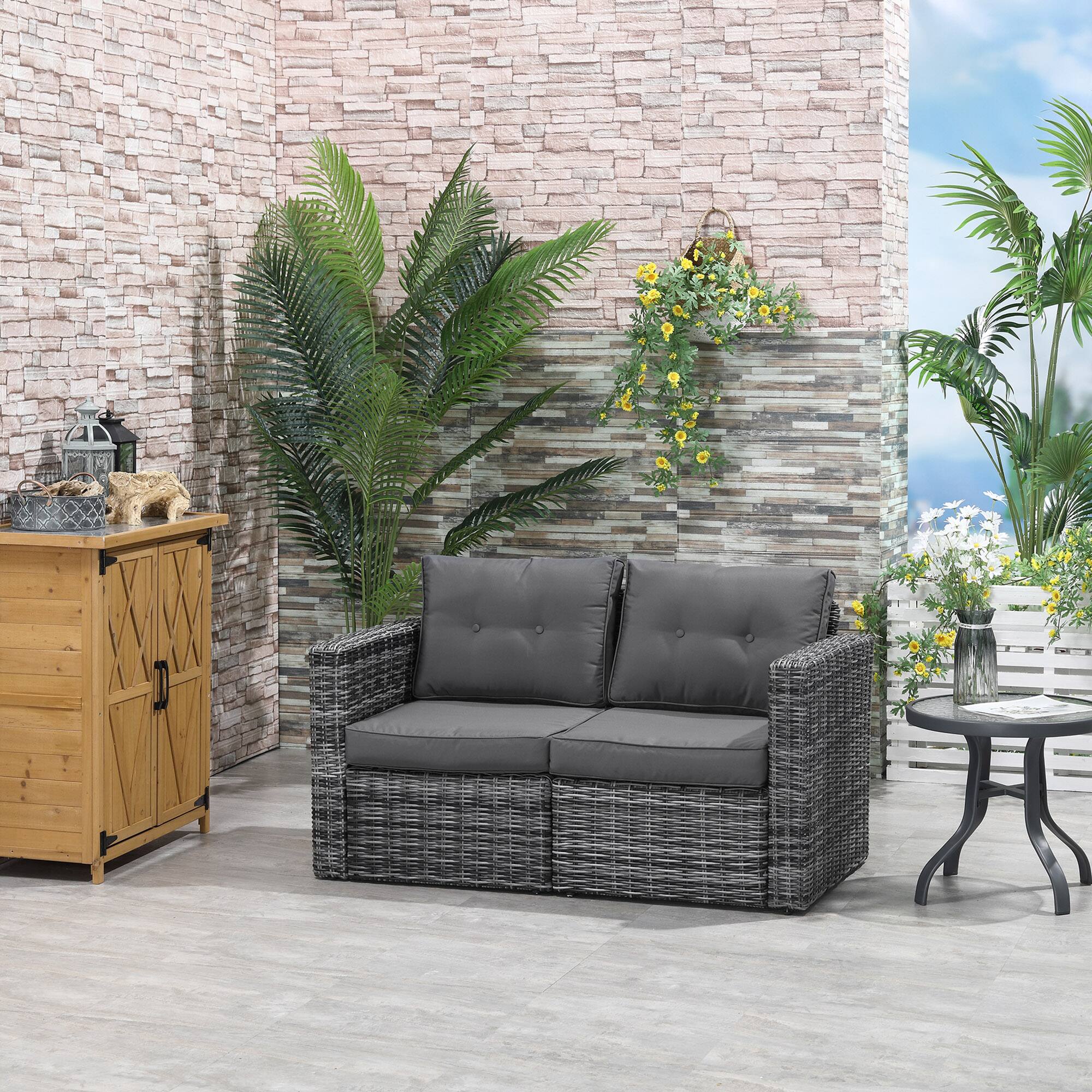 Alt View 1. Outsunny - 2 Piece Patio Wicker Corner Sofa Set, Outdoor PE Rattan Furniture, with Curved Armrests and Padded Cushions - Grey.