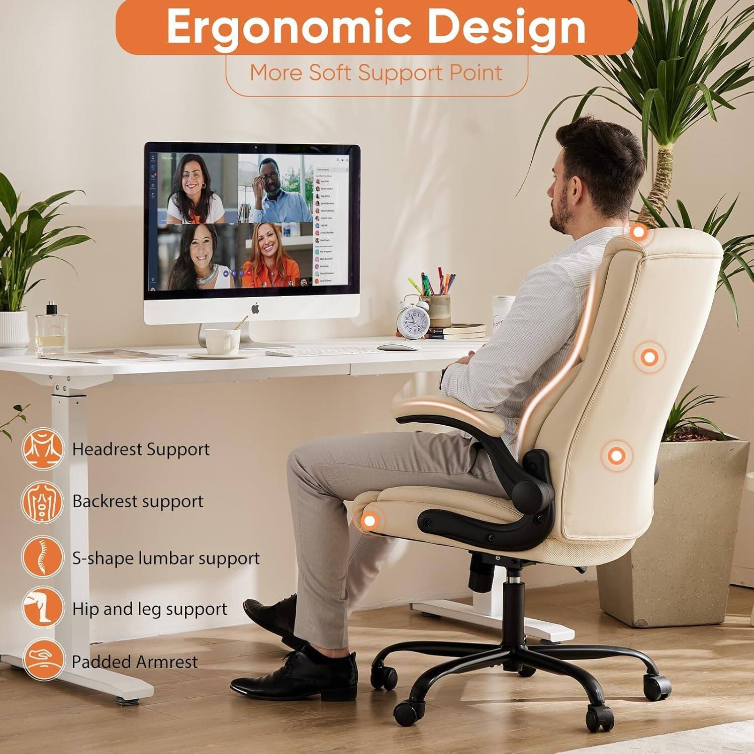Ergonomic Design  
More Soft Support Point

- Headrest Support
- Backrest support
- S-shape lumbar support
- Hip and leg support
- Padded Armrest