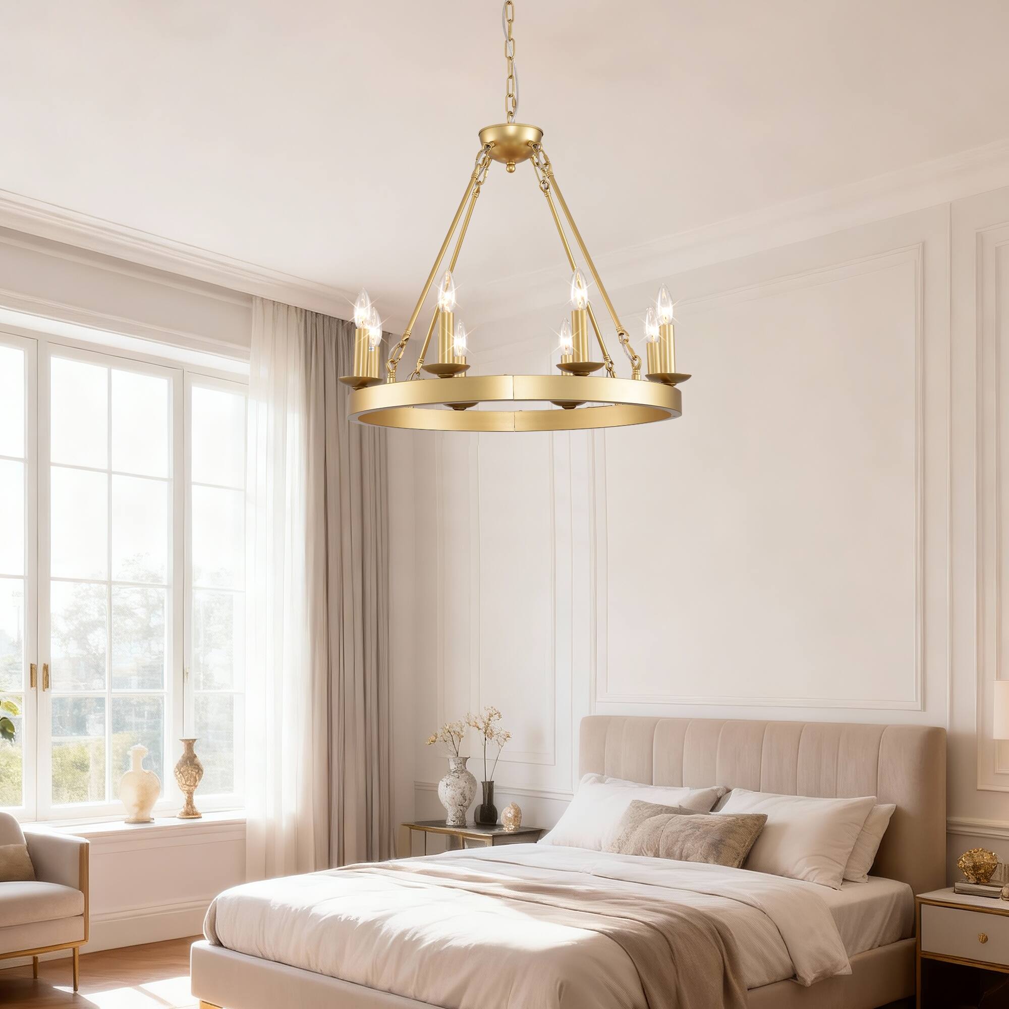 Alt View 4. Boyel Living - Wagon Wheel Chandelier Farmhouse Modern Small Round Chandelier for Living Room Kitchen Island Foyer Hallway.
