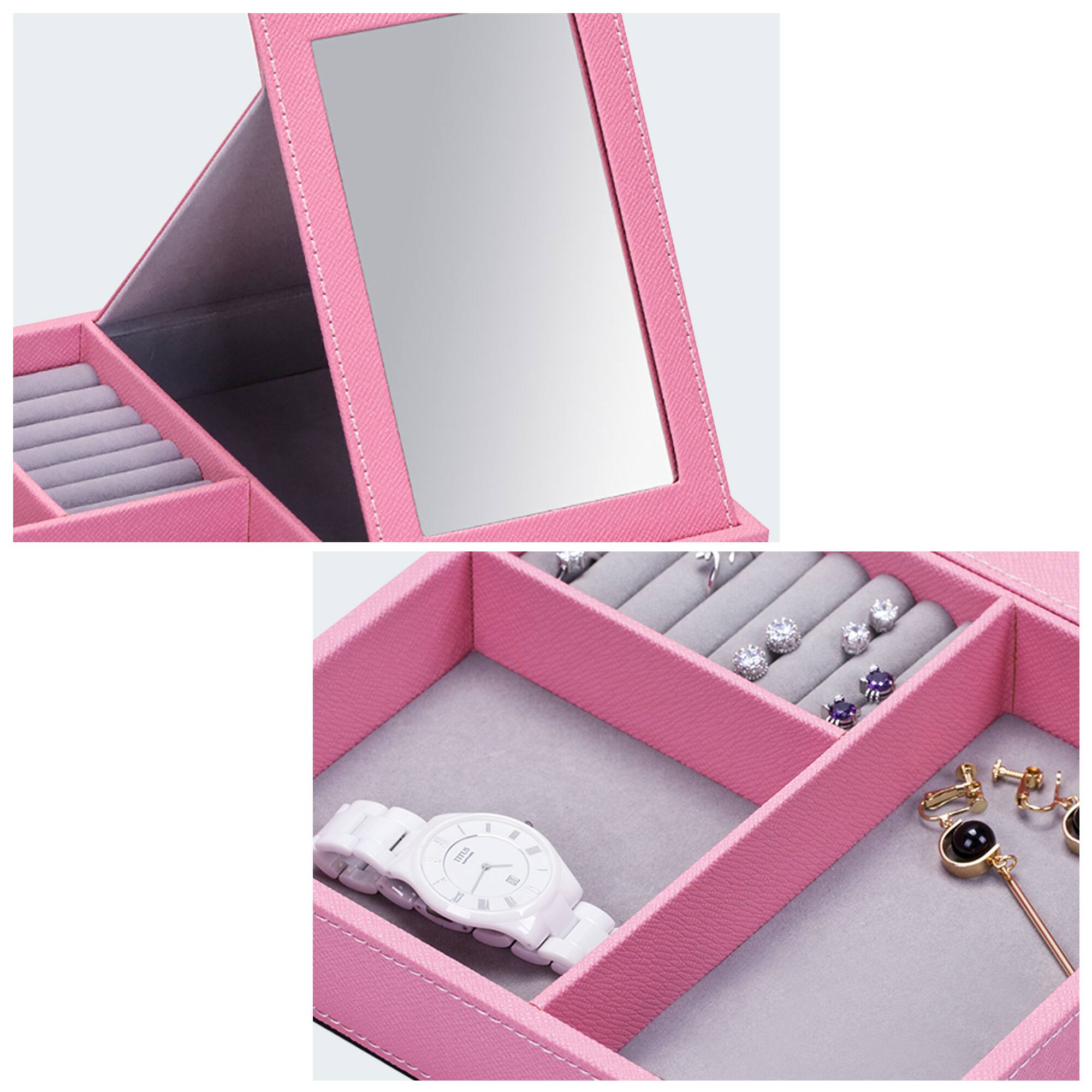 Left. Oumilen - Pink Faux Leather Jewelry Box with Fold-Out Mirror, Multi-Compartment Organizer Tray for Rings Earrings Necklace - Pink.