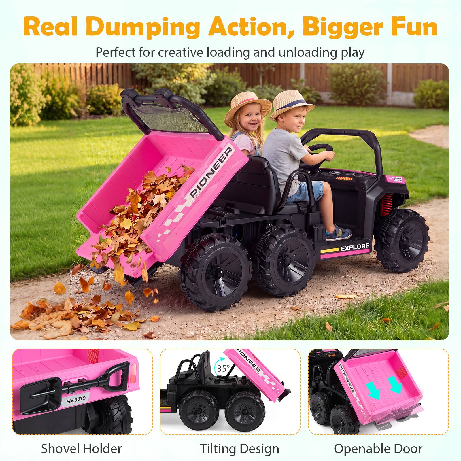 Real Dumping Action, Bigger Fun  
Perfect for creative loading and unloading play  

- Shovel Holder  
- Tilting Design  
- Openable Door  

SX3579