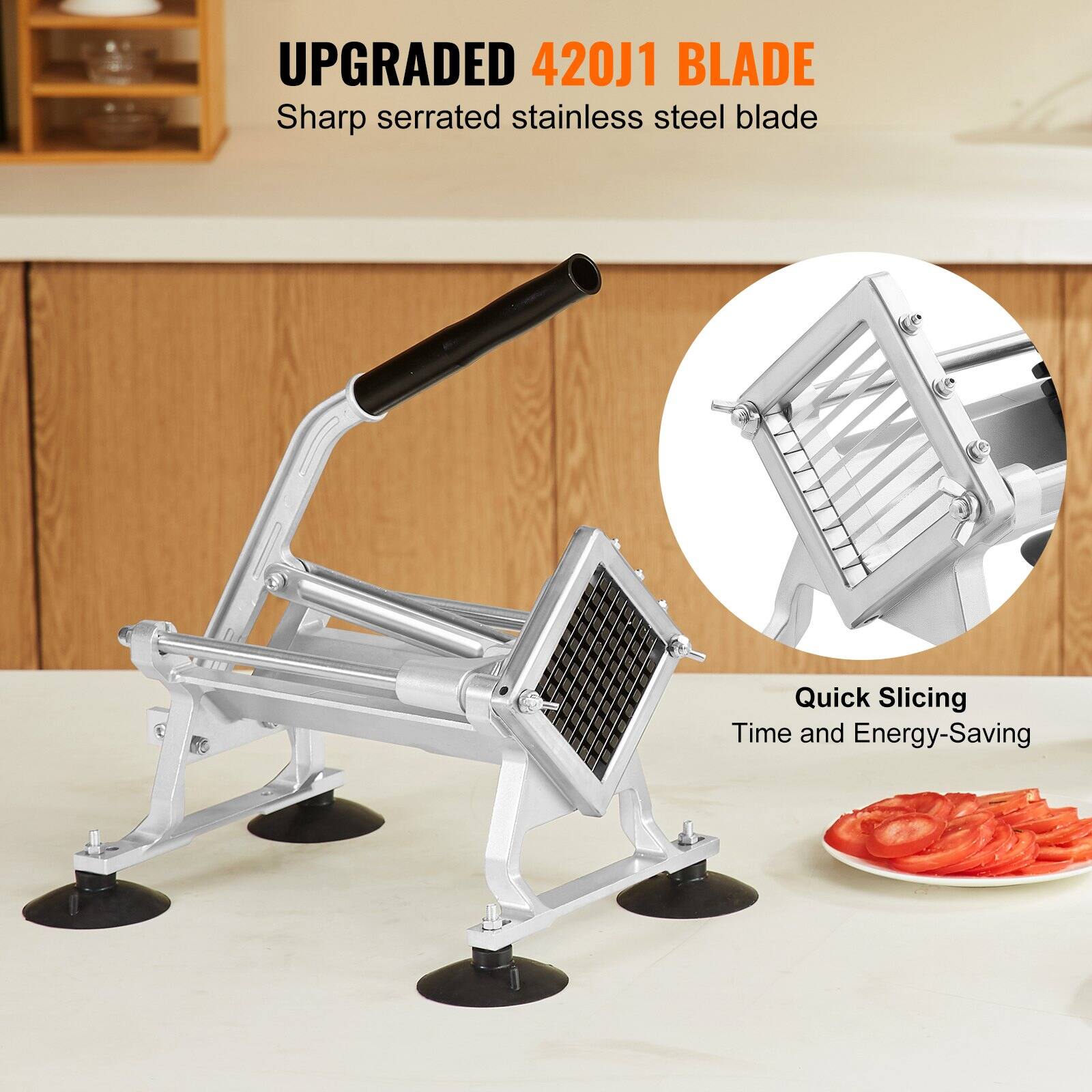 UPGRADED 420J1 BLADE  
Sharp serrated stainless steel blade  

Quick Slicing  
Time and Energy-Saving