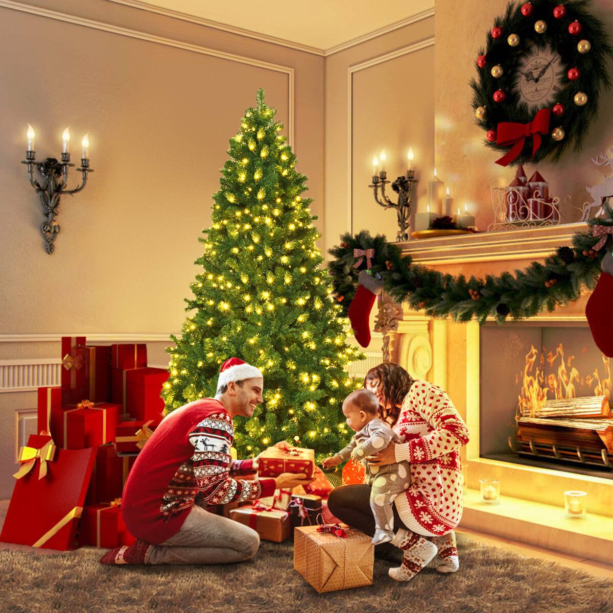 Alt View 12. Costway - 7.5Ft Pre-Lit Hinged PVC Christmas Tree 400 LED Lights New - Green.