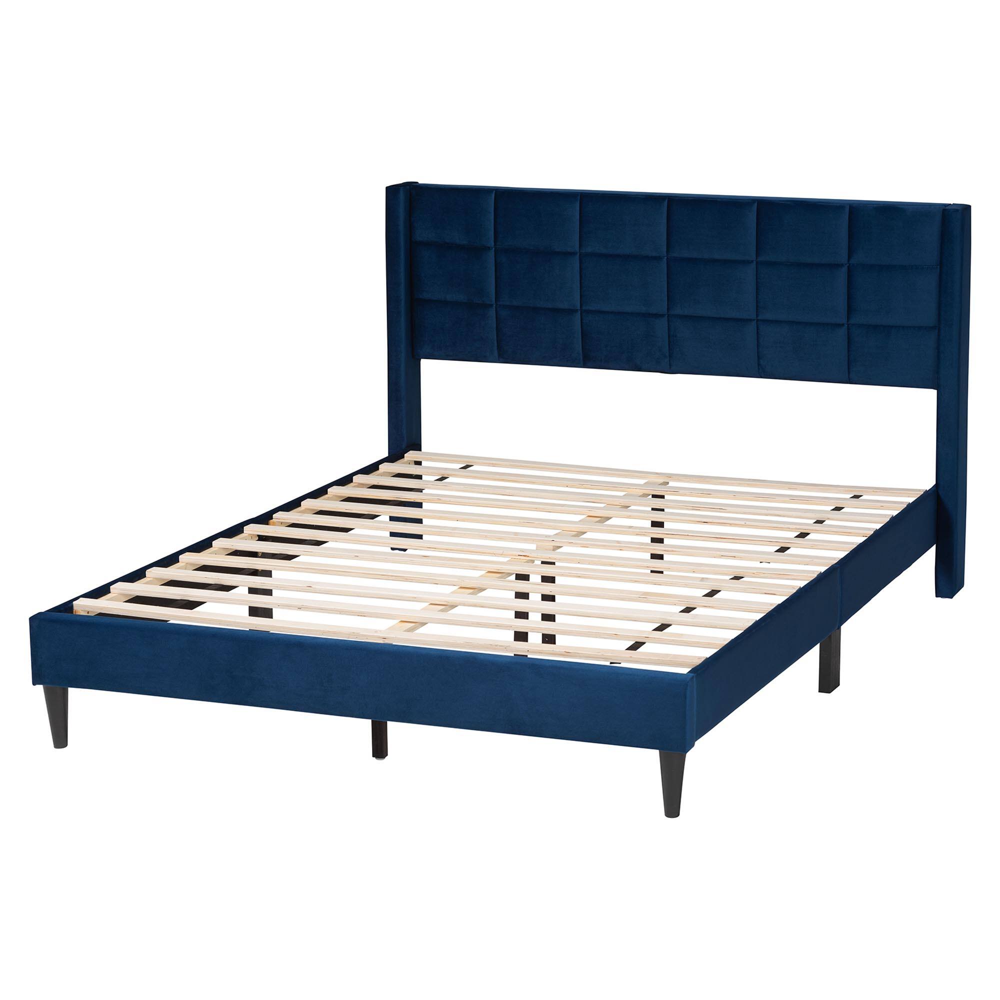 Left. Baxton Studio - Payne Modern Glam Velvet and Dark Brown Wood Queen Bed - Navy Blue/Black.
