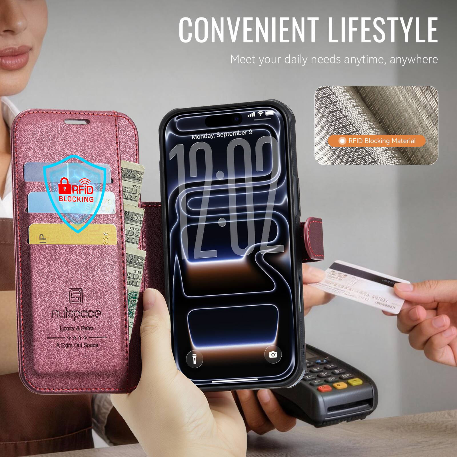 RFID BLOCKING P 906  
nuspace Lumry & Retro  
CONVENIENT LIFESTYLE  
Meet your daily needs anytime, anywhere  

Material: RFID Blocking  
Extra Out Space  

CONVENIENT LIFESTYLE  
Meet your daily needs anytime, anywhere  

RFID Blocking Material