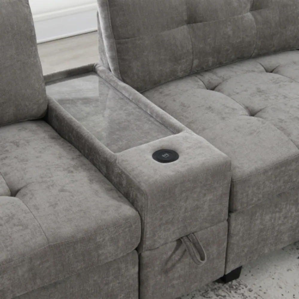 Alt View 8. LUCKY ONE - 104" L-Shape U-Shape Modular Chenille Sectional Sofa w/ 2 Consoles USB Charger Ottoman - Gray.