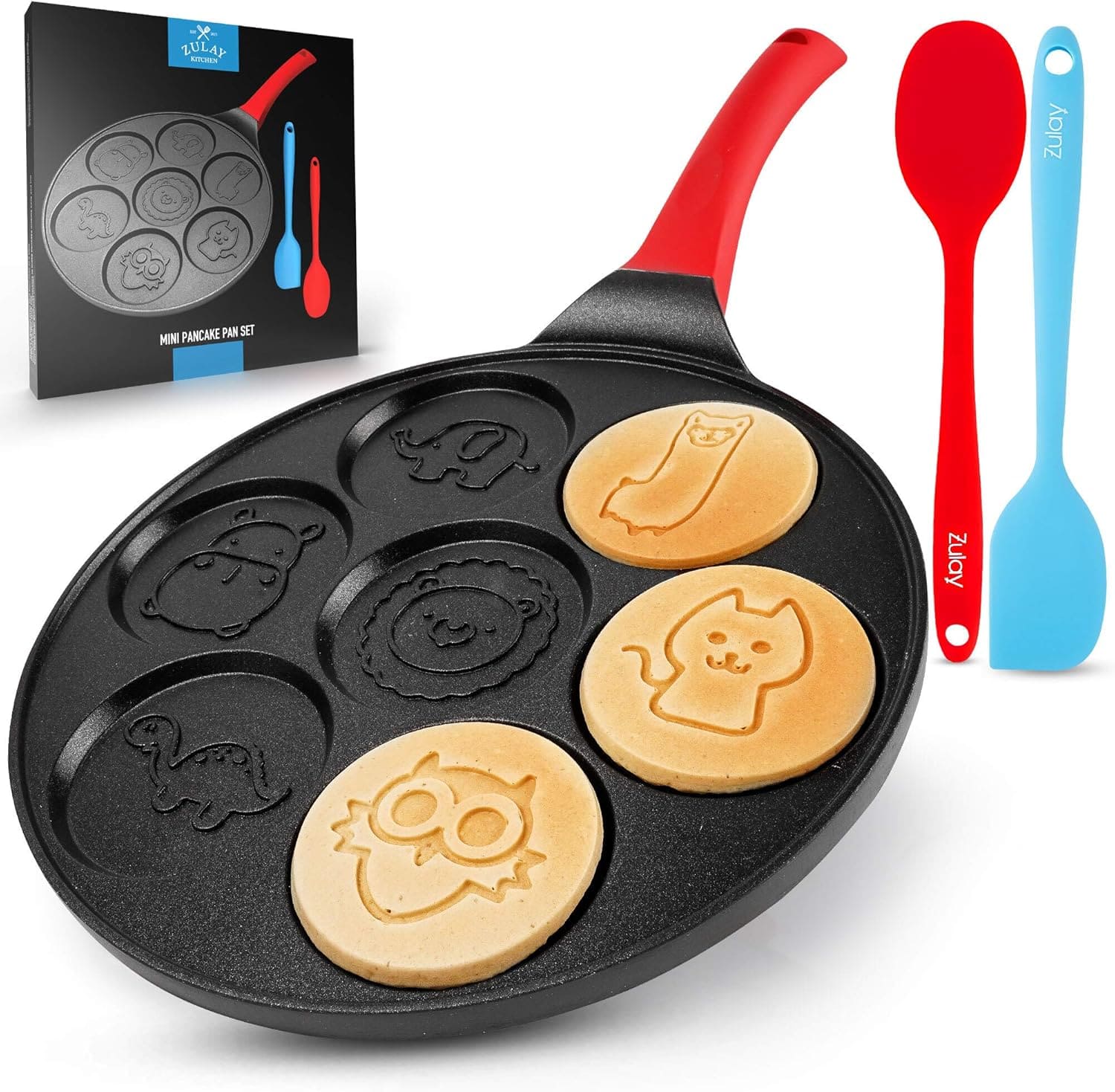 Zulay Kitchen - Pancake Pan - 7 Animal Face Designs & 2 Bonus Spatulas - Black