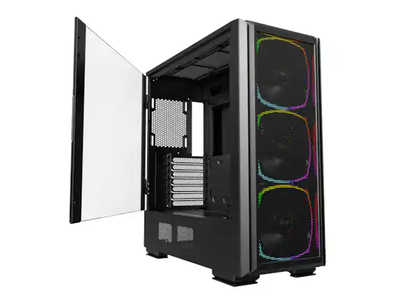 Front. Montech - Montech Sky Two GX, E-ATX Mid Tower, 3X 140mm ARGB Fans, Tempered Glass, Metal Mesh Front, Type C, 4090 Support - Black - Black.