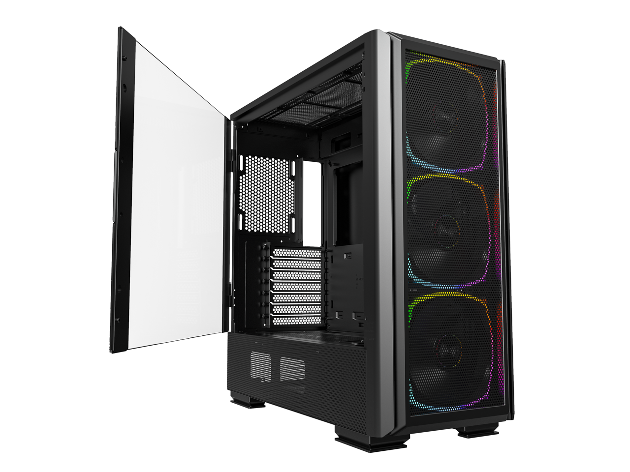 Front. Montech - Montech Sky Two GX, E-ATX Mid Tower, 3X 140mm ARGB Fans, Tempered Glass, Metal Mesh Front, Type C, 4090 Support - Black - Black.