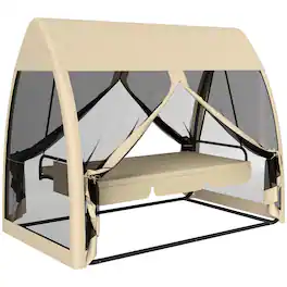 Outsunny - Seat Outdoor Swing Chair Convertible Covered Day Bed with Canopy, Mesh Netting, Steel Stand for Garden - Coffee