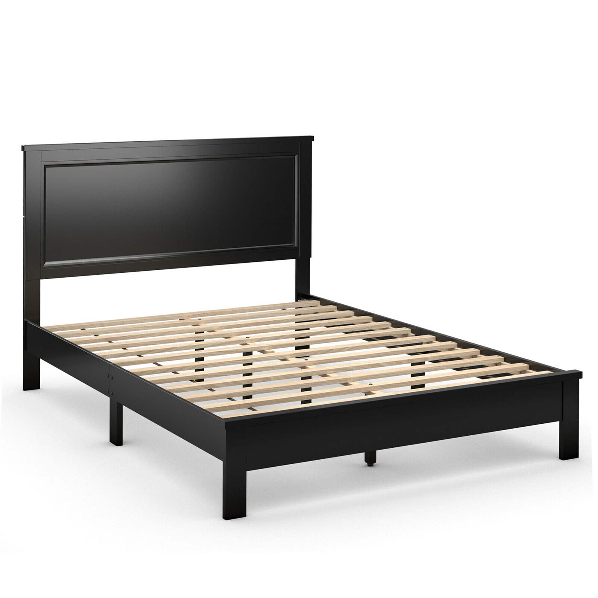 Alt View 1. Gymax - Gymax Queen Size Bed Frame Platform Slat High Headboard Bedroom Rubber Wood Leg Black - Black.