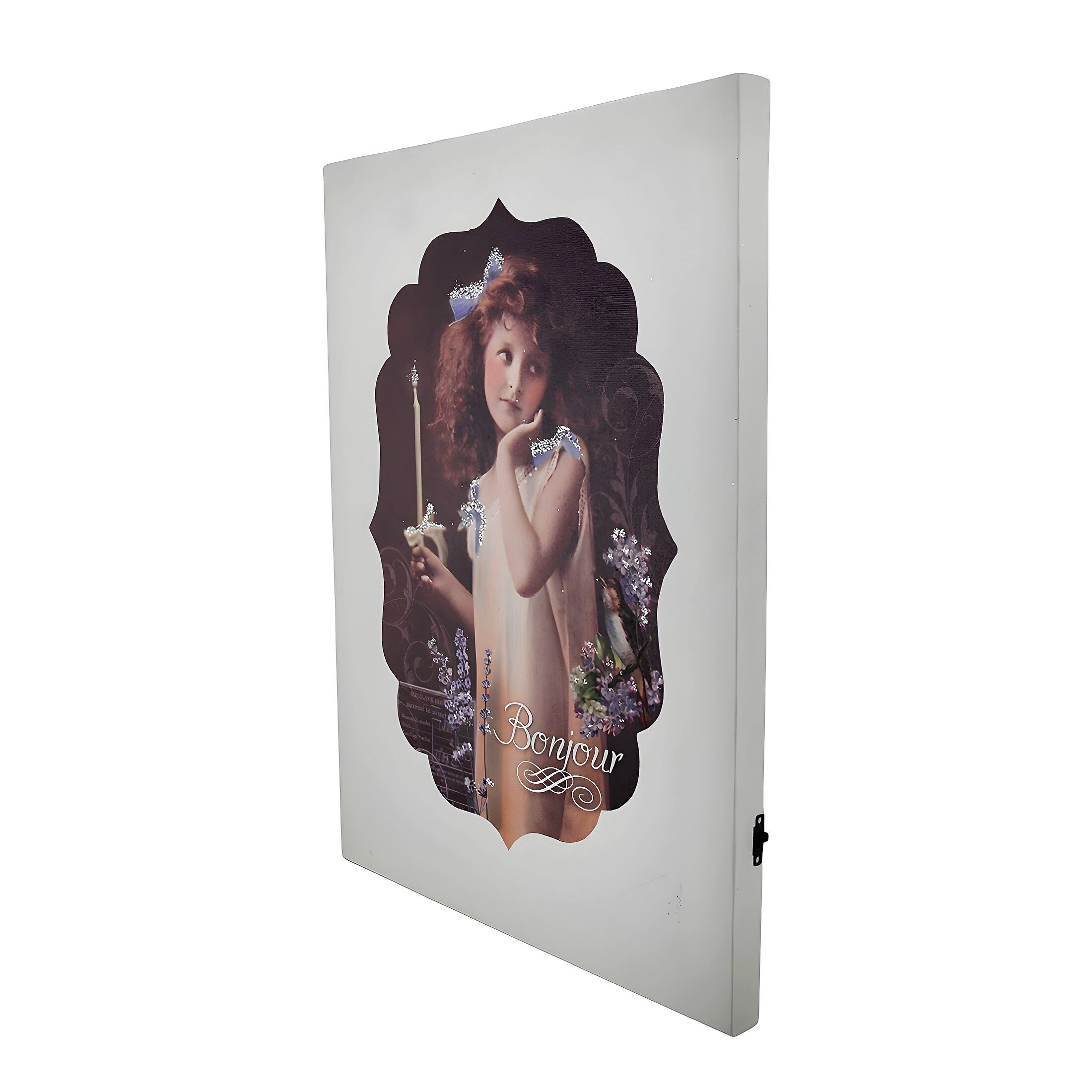 Alt View 1. Zeckos - Vintage Look Bonjour Flickering Candle Girl LED Canvas Art Print - White.