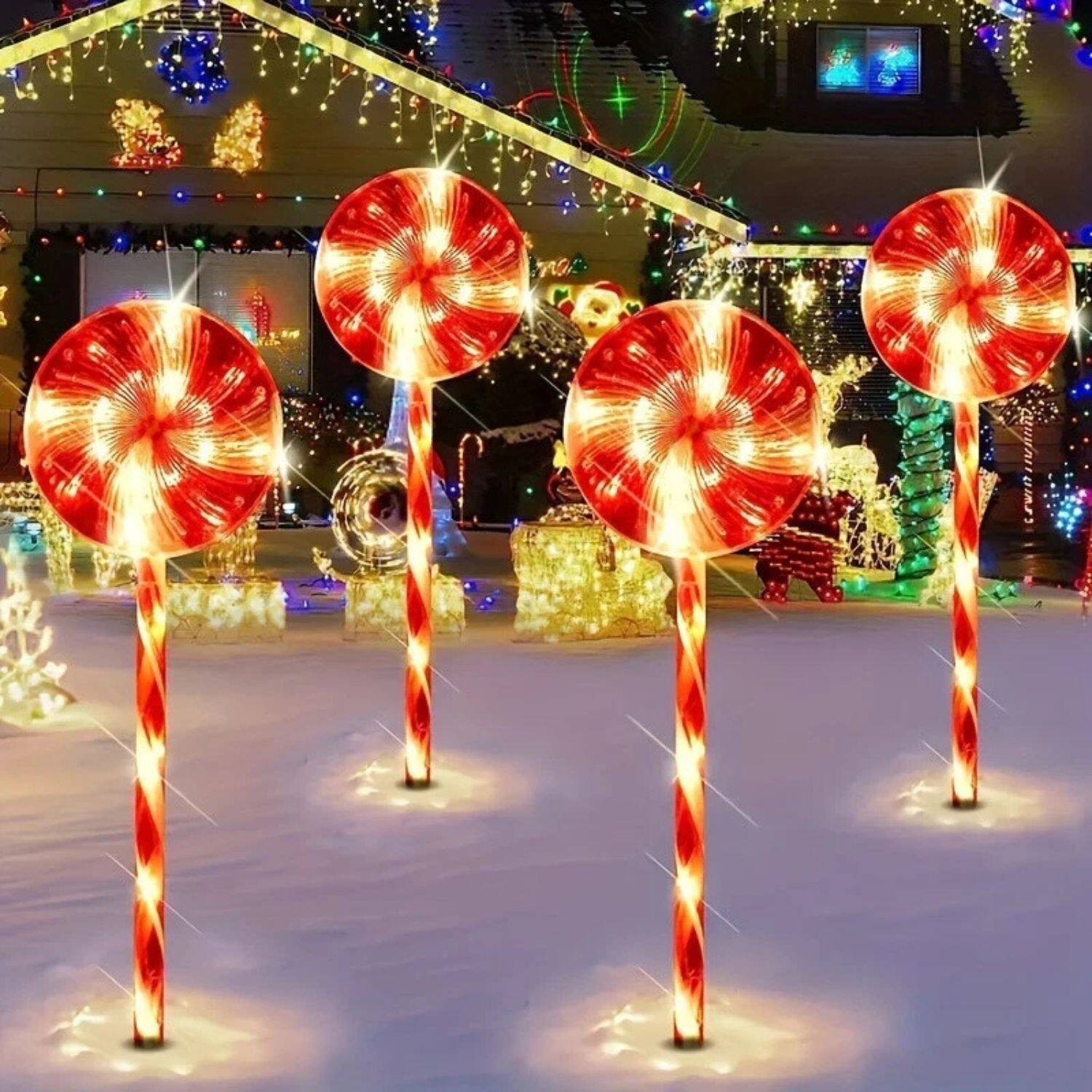 Left. Stock Preferred - 5PC Solar Powered Candy Cane Stake Lights – Multi-Color Holiday Pathway Decor (Outdoor Christmas Yard Lighting).