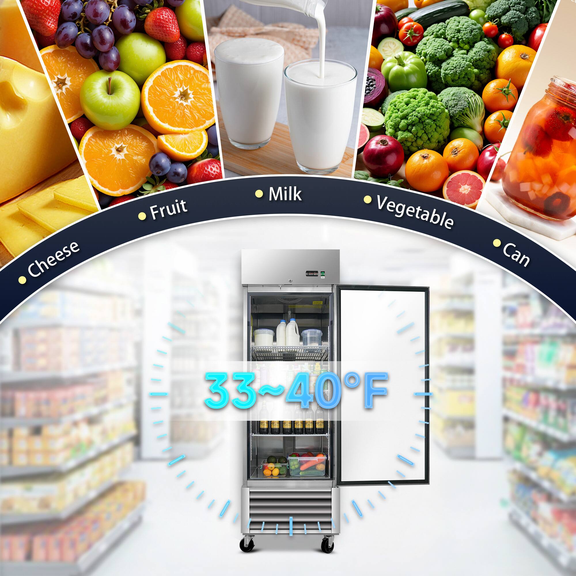 - Cheese
- Fruit
- Milk
- Vegetable
- Can

33~40°F