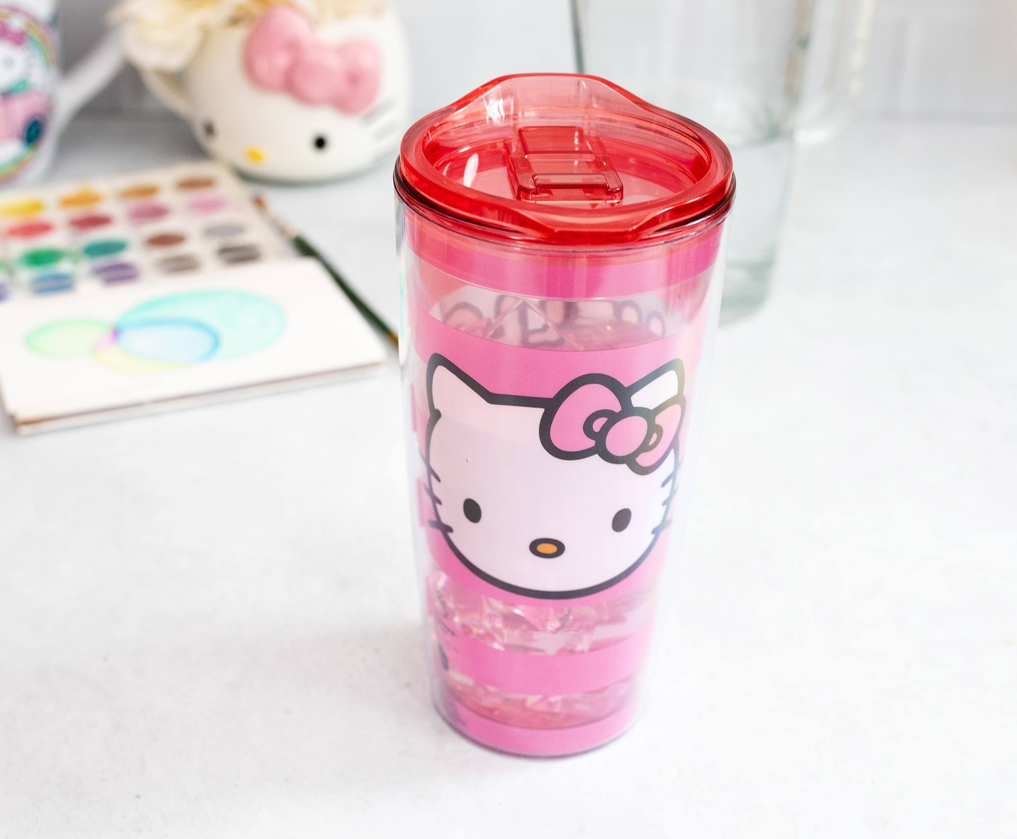 Alt View 4. Silver Buffalo - Sanrio Hello Kitty Pink Stripes Travel Tumbler with Slide Close Lid | 20 Ounces - Pink.