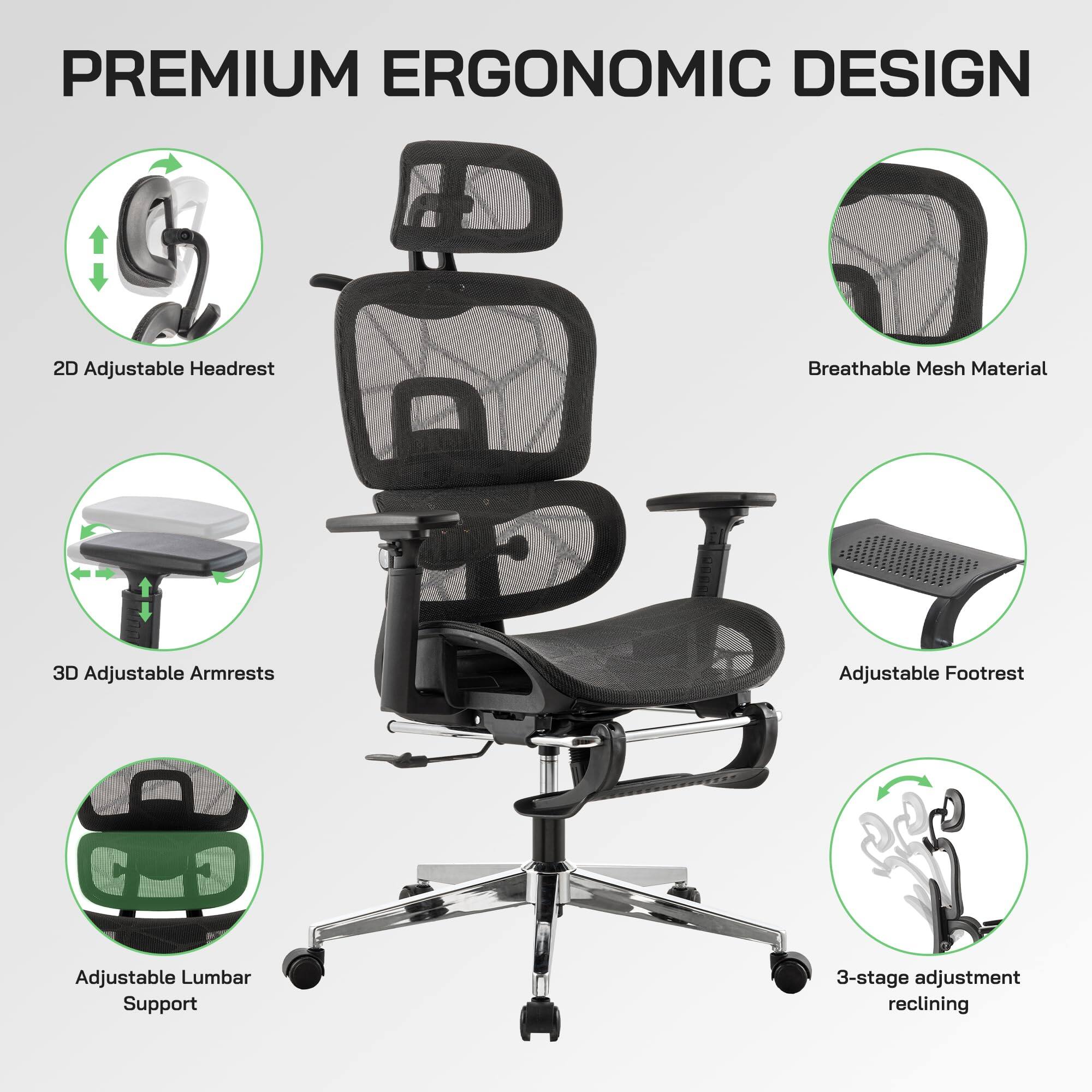 PREMIUM ERGONOMIC DESIGN

- 2D Adjustable Headrest
- 3D Adjustable Armrests
- Adjustable Lumbar Support
- Breathable Mesh Material
- Adjustable Footrest
- 3-stage adjustment reclining