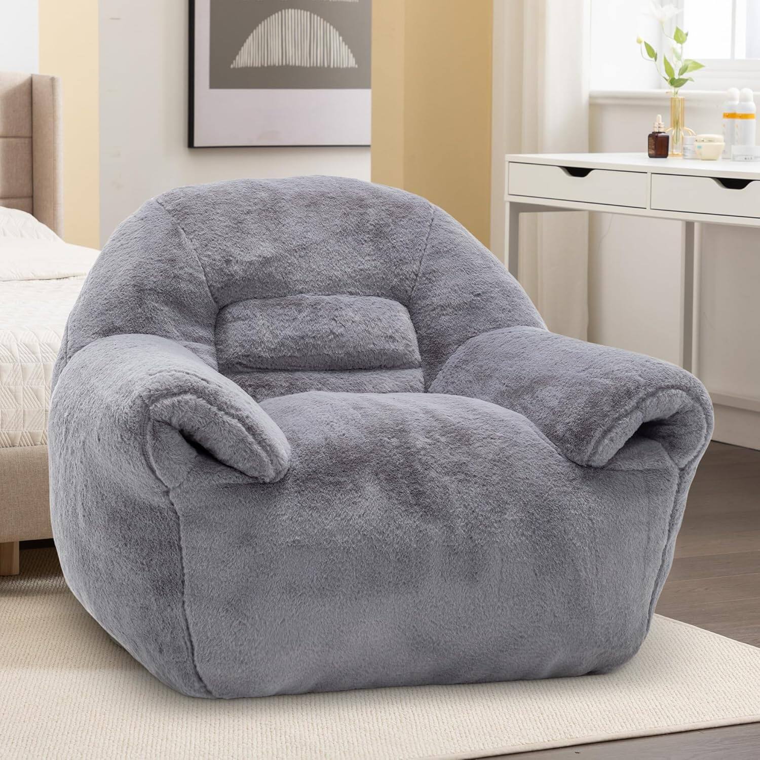 Alt View 2. Trinkets Crazed - Bean Bag Chair, Comfy Bean Bag Sofa with Back Support, Faux Fur Bean Bag Chair for Adults and Kids - dark gray.