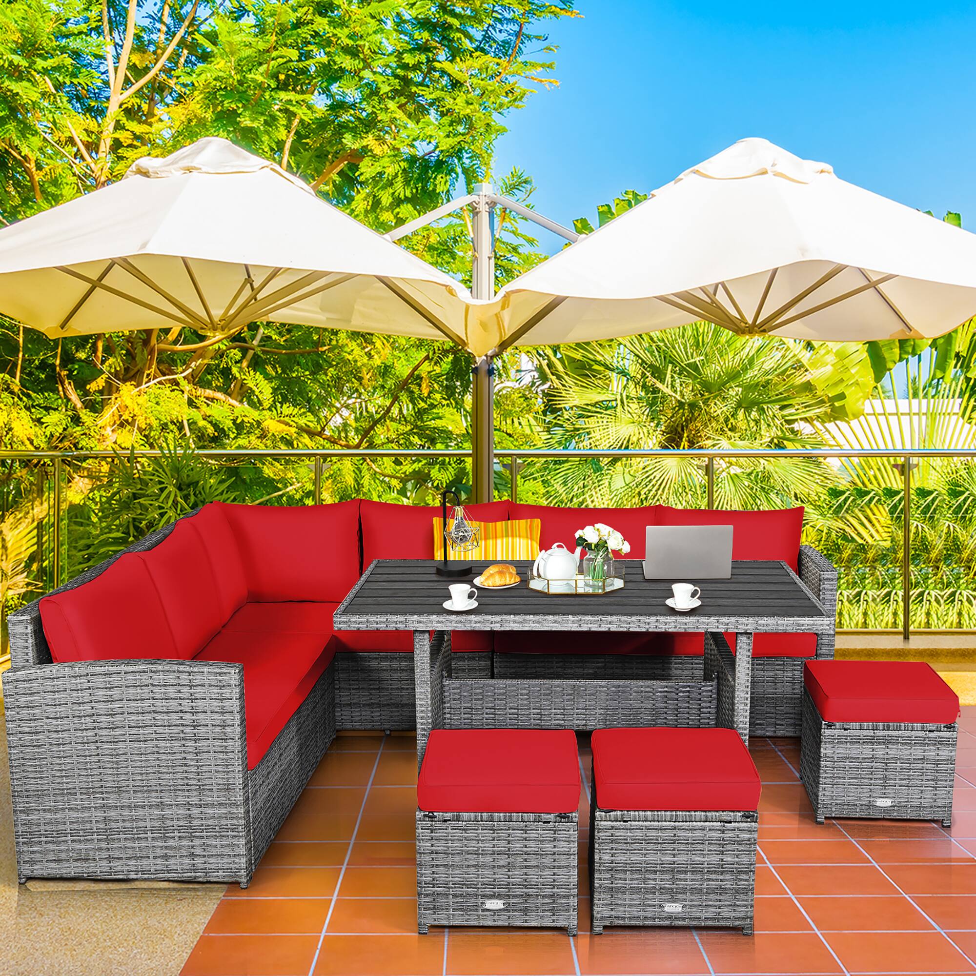 Alt View 3. Costway - 7 PCS Patio Rattan Dining Set Sectional Sofa Couch Ottoman Garden - Red.